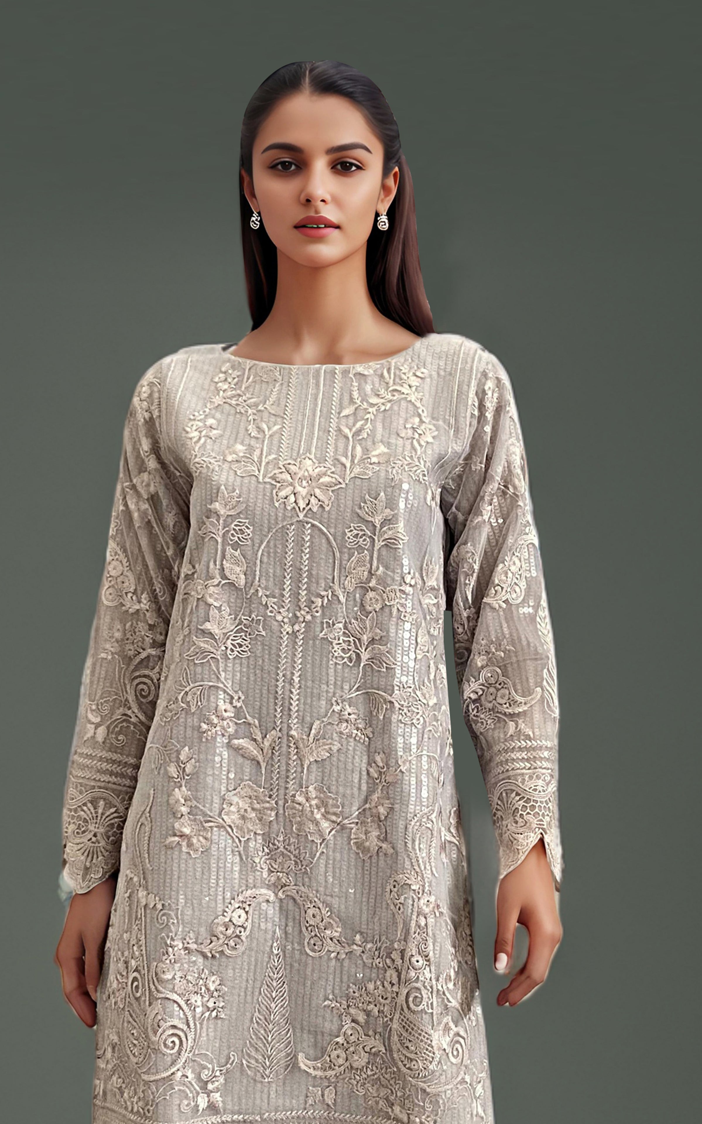 Pakistani Taupe Embroidered Net Long Shirt (2-Piece) - Image 2