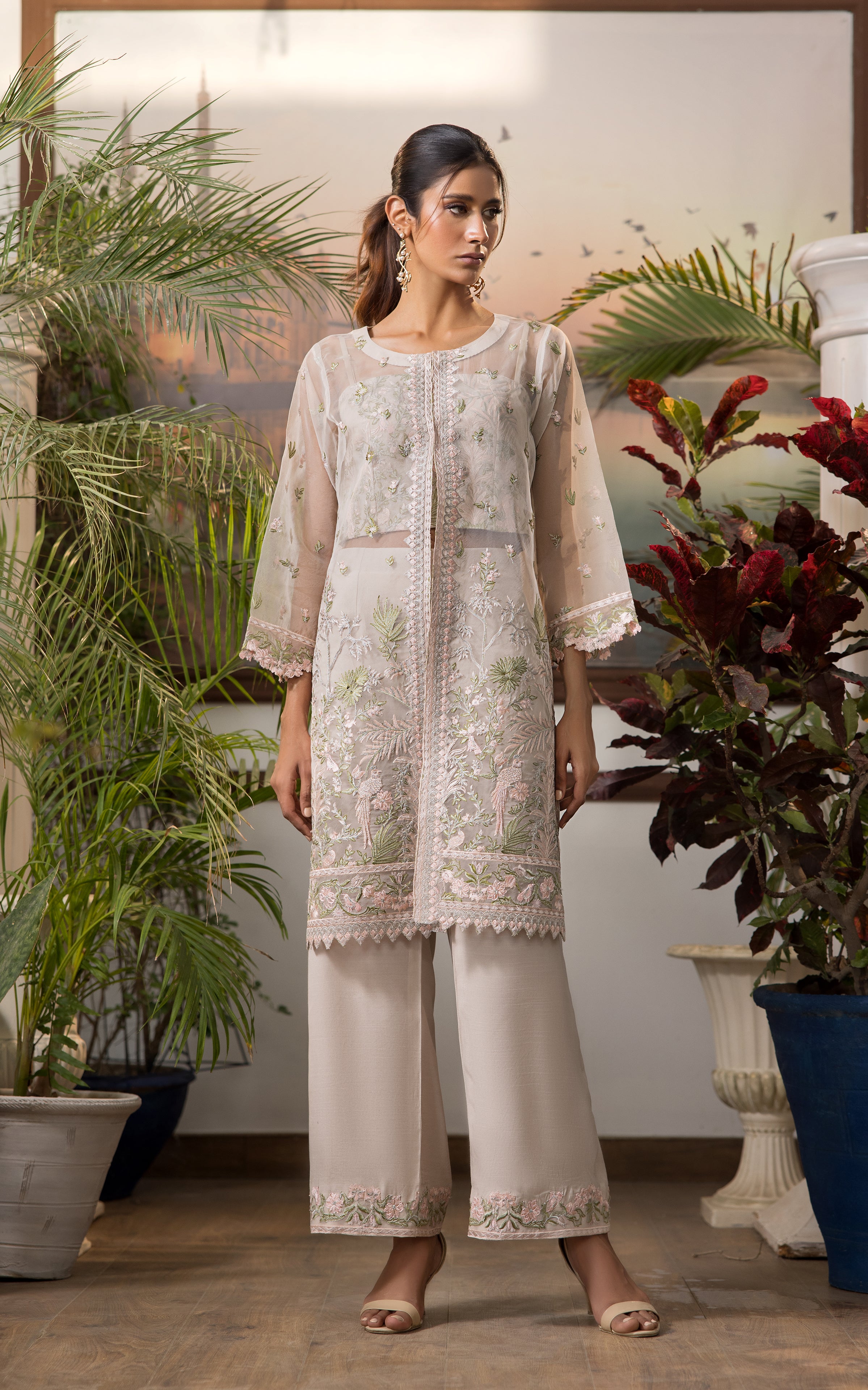 Pakistani Soft Beige Embroidered Organza 2-Piece Suit - Image 1