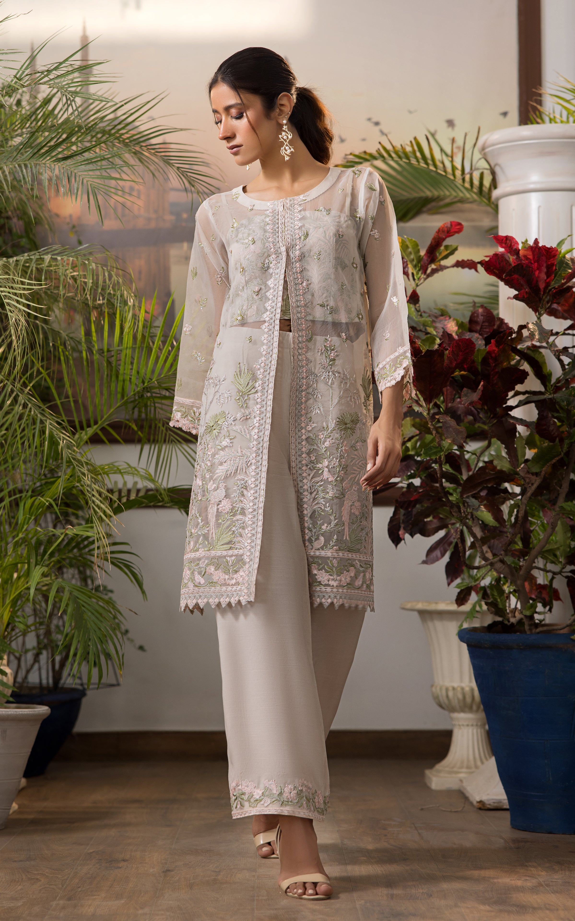 Pakistani Soft Beige Embroidered Organza 2-Piece Suit - Image 2