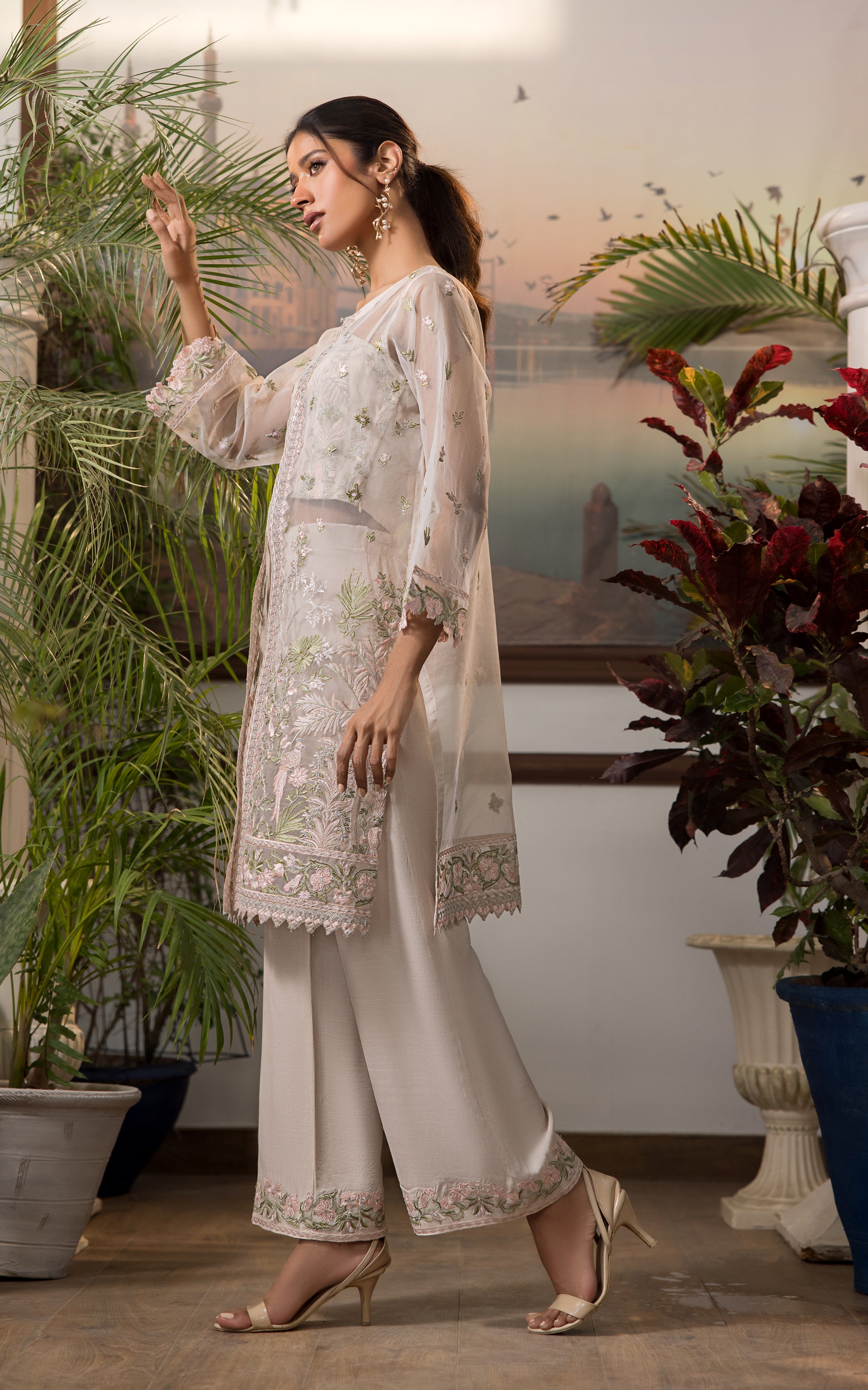 Pakistani Soft Beige Embroidered Organza 2-Piece Suit - Image 3