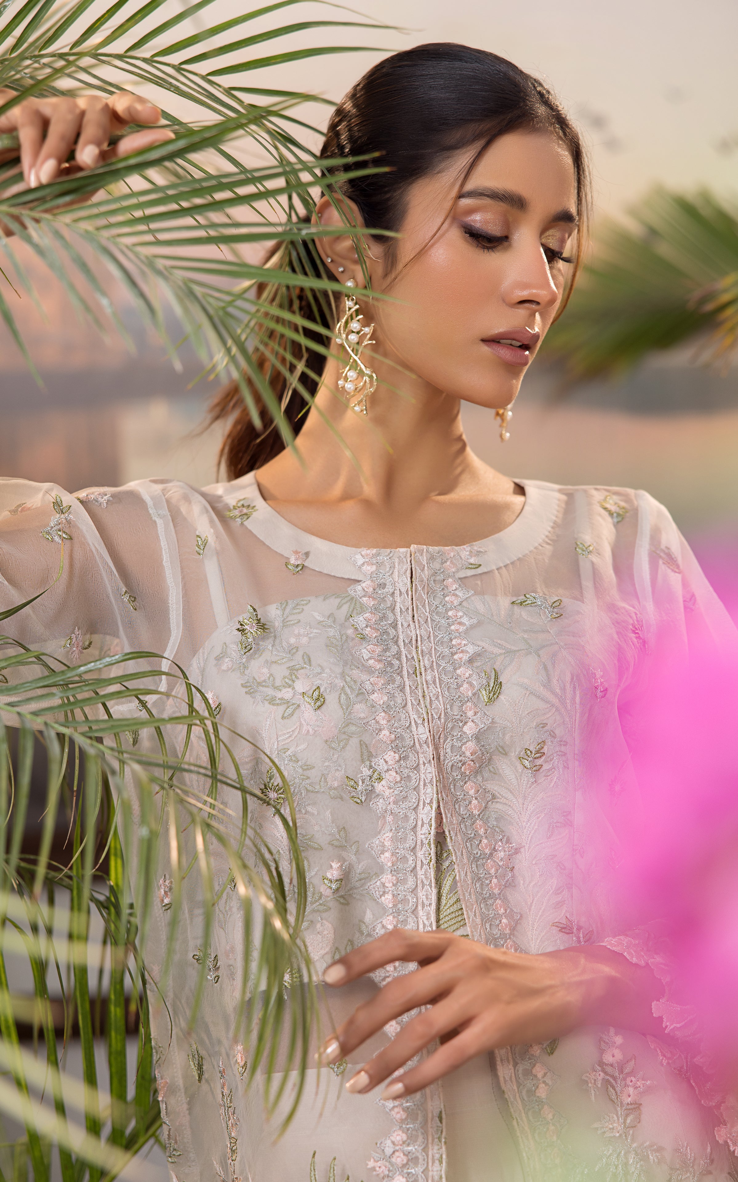 Pakistani Soft Beige Embroidered Organza 2-Piece Suit - Image 4