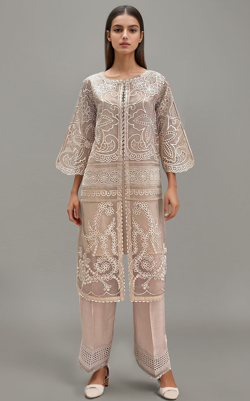 Pakistani Taupe Cutwork Embroidered Organza Jacket (3-Piece) - Image 1