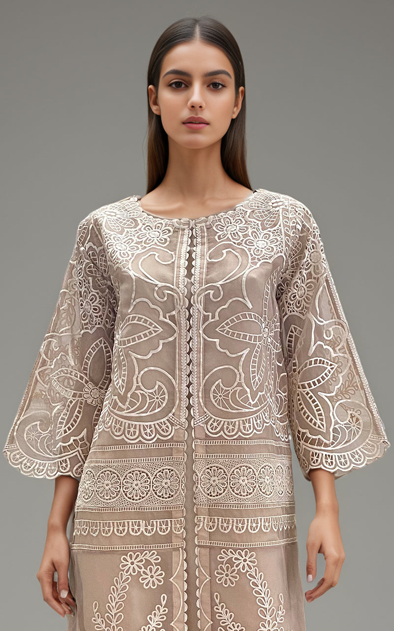 Pakistani Taupe Cutwork Embroidered Organza Jacket (3-Piece) - Image 2