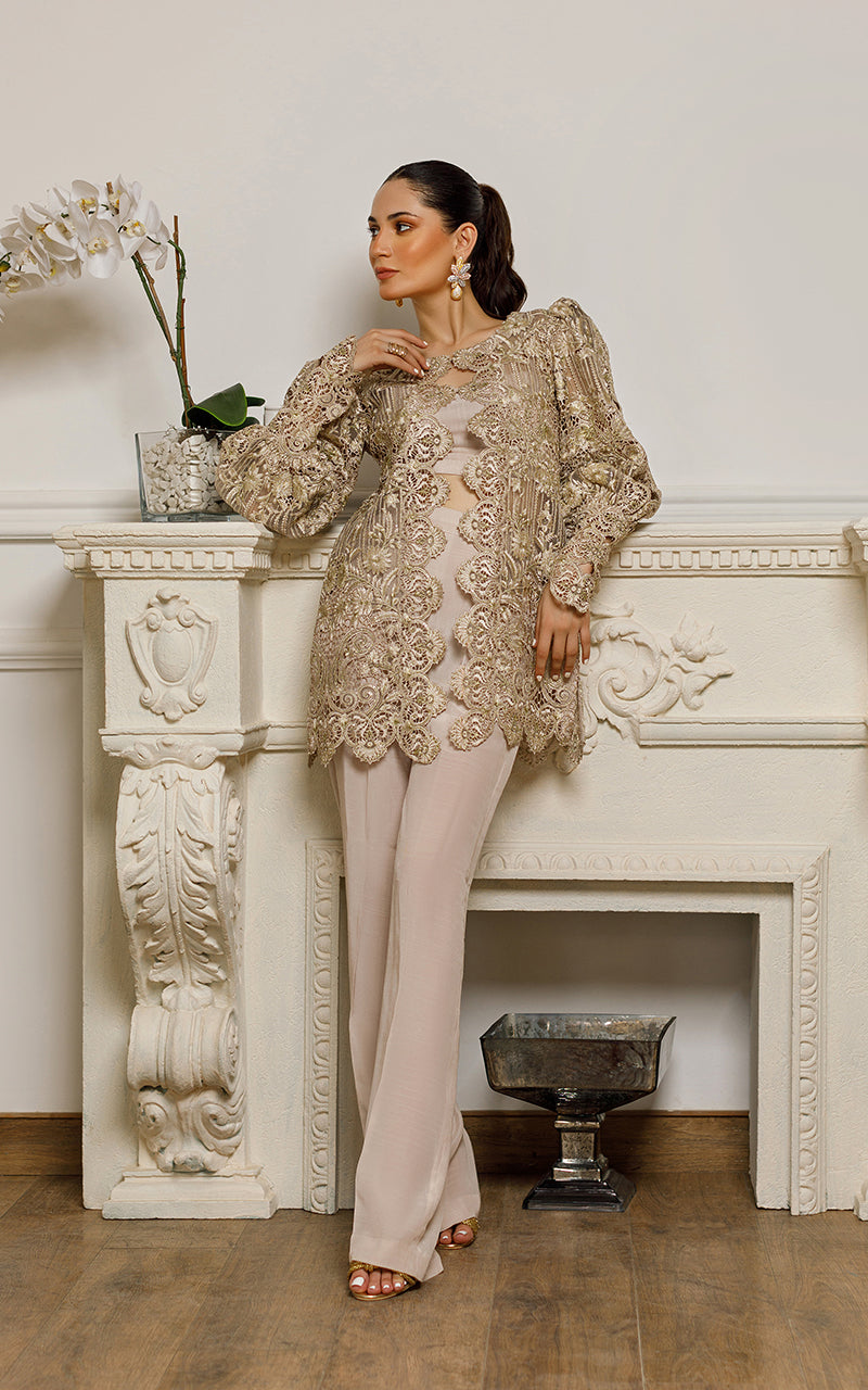 Dusty Beige Floral Cutwork Organza Jacket (2-Piece) - Image 1