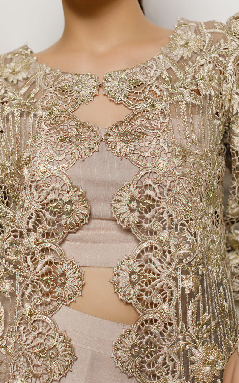 Dusty Beige Floral Cutwork Organza Jacket (2-Piece) - Image 2