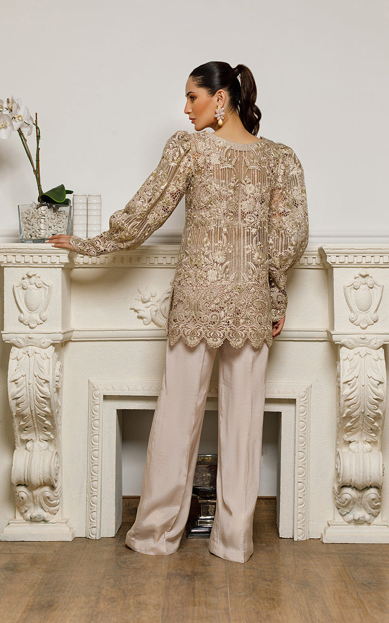 Dusty Beige Floral Cutwork Organza Jacket (2-Piece) - Image 4