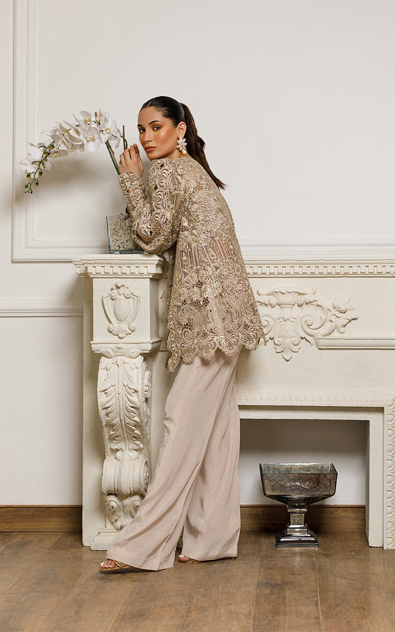 Dusty Beige Floral Cutwork Organza Jacket (2-Piece) - Image 5