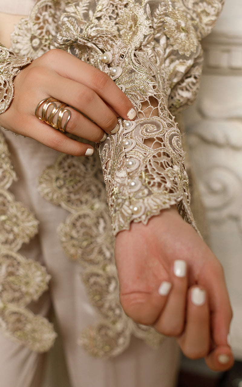 Dusty Beige Floral Cutwork Organza Jacket (2-Piece) - Image 6