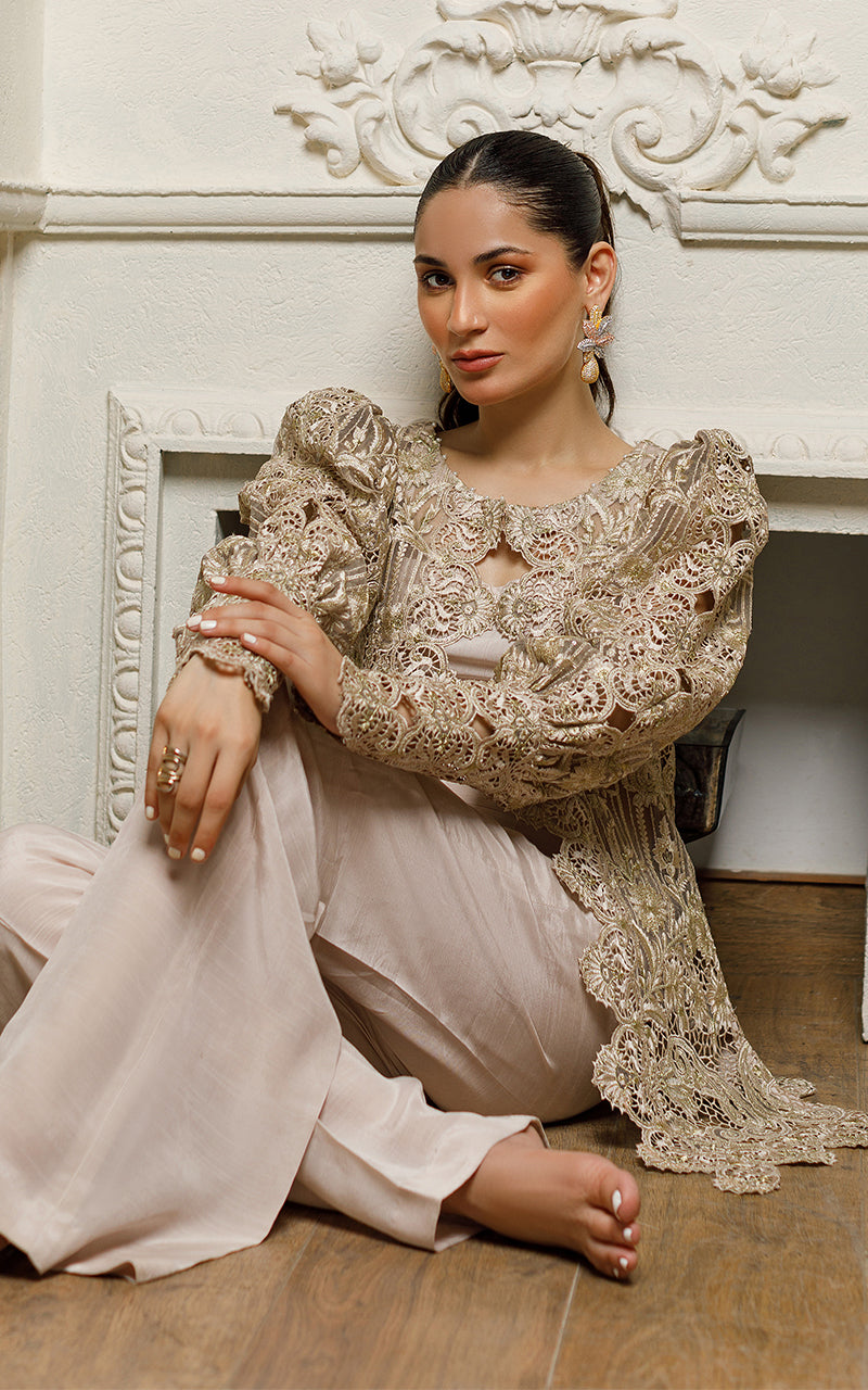 Dusty Beige Floral Cutwork Organza Jacket (2-Piece) - Image 7