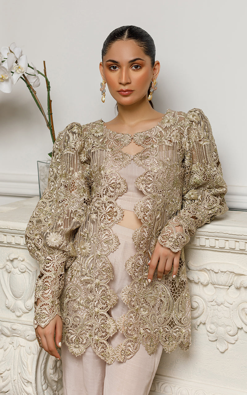 Dusty Beige Floral Cutwork Organza Jacket (2-Piece) - Image 8