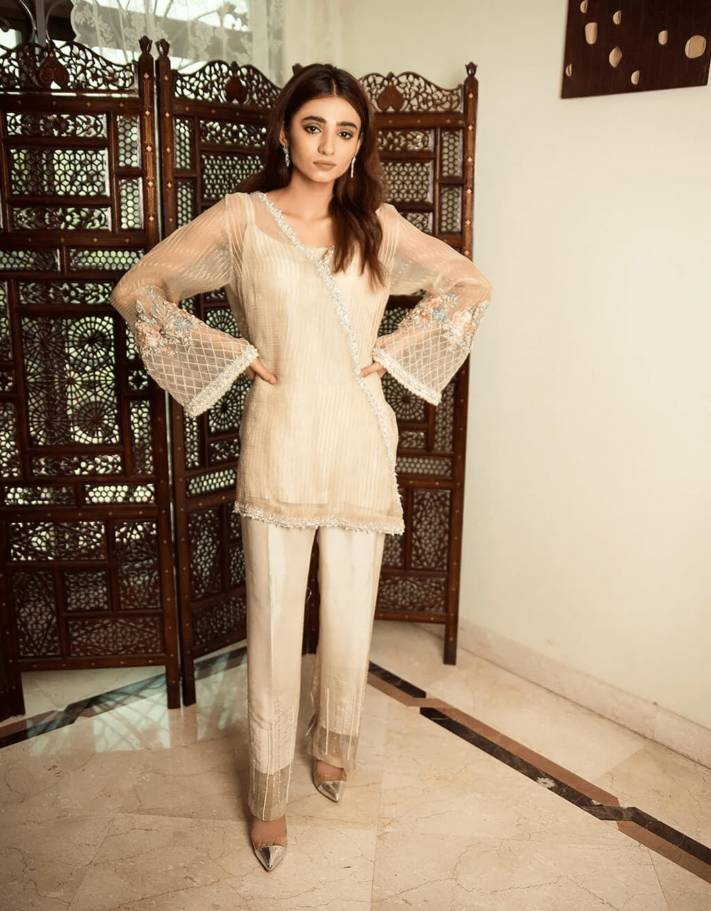 Pakistani Beige Embroidered Pure Organza Salwar Kameez (3-Piece) - Image 1