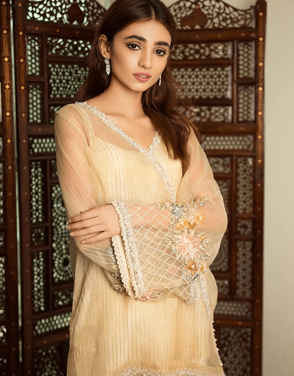 Pakistani Beige Embroidered Pure Organza Salwar Kameez (3-Piece) - Image 2