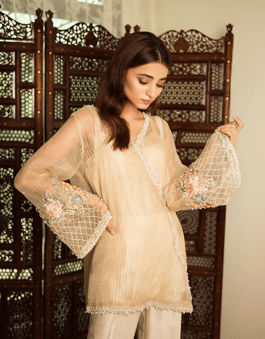 Pakistani Beige Embroidered Pure Organza Salwar Kameez (3-Piece) - Image 3