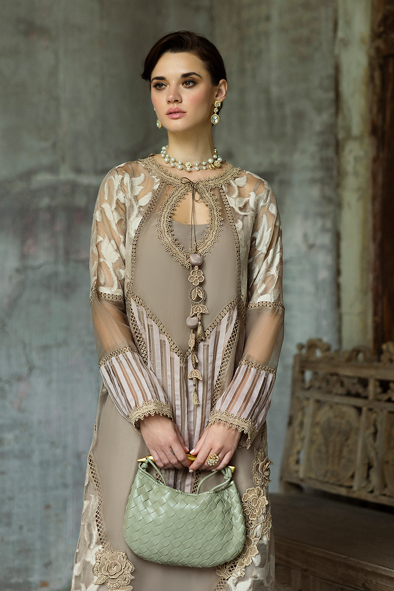Taupe Embroidered Organza Salwar Kameez (3-Piece) - Image 13