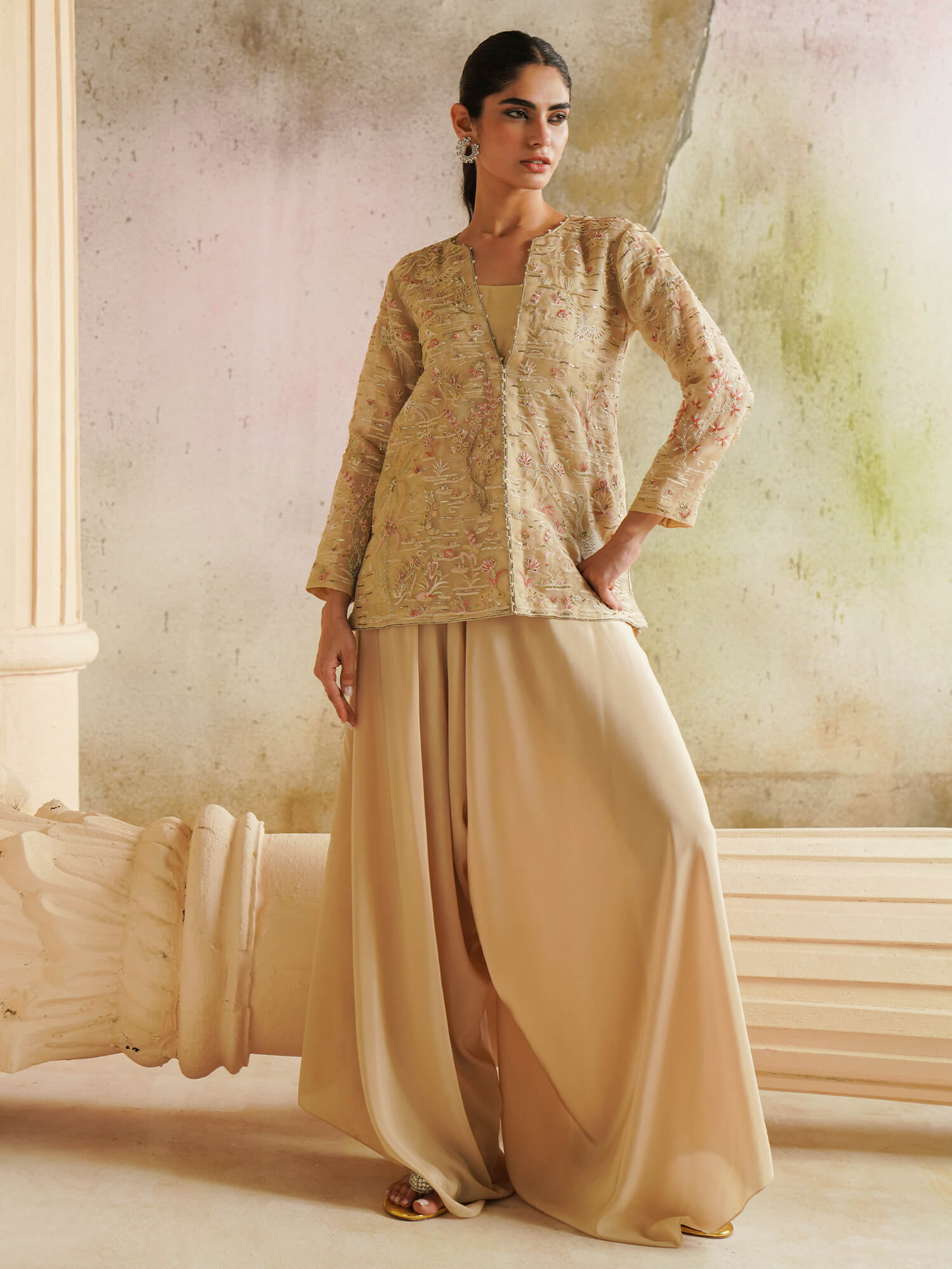 Sand Gara-Embroidered Organza Coat with Raw Silk Pants (2-Piece) - Image 1
