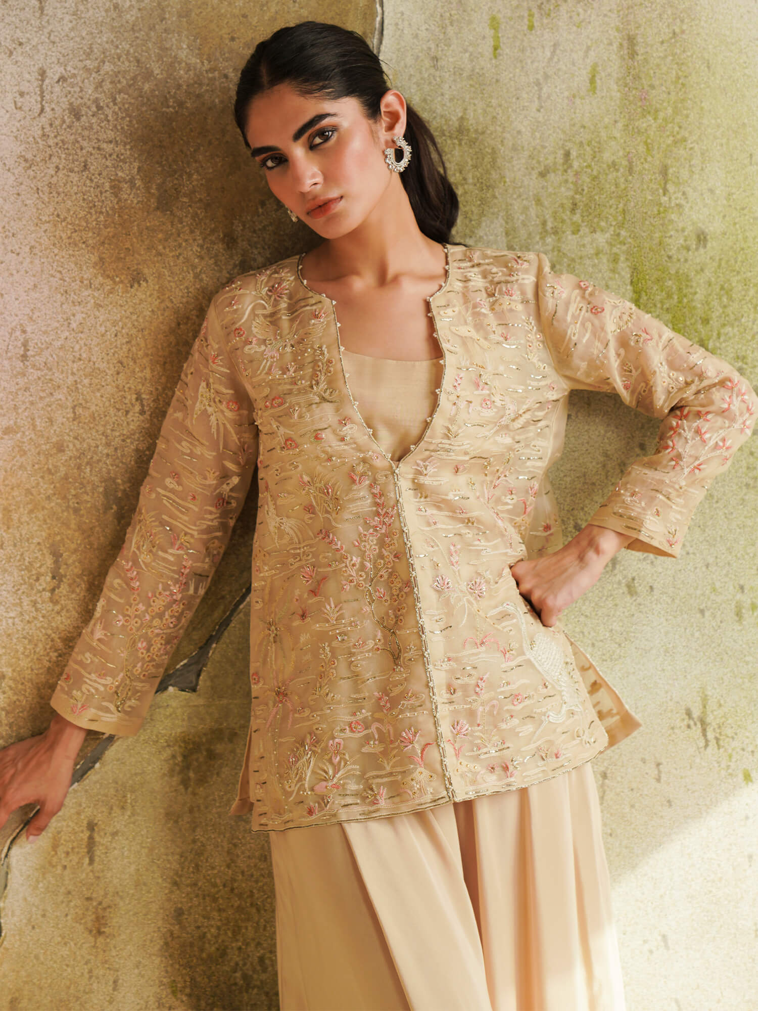 Sand Gara-Embroidered Organza Coat with Raw Silk Pants (2-Piece) - Image 2