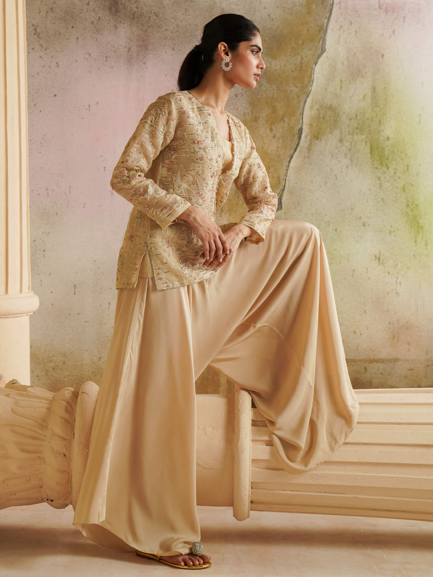 Sand Gara-Embroidered Organza Coat with Raw Silk Pants (2-Piece) - Image 3