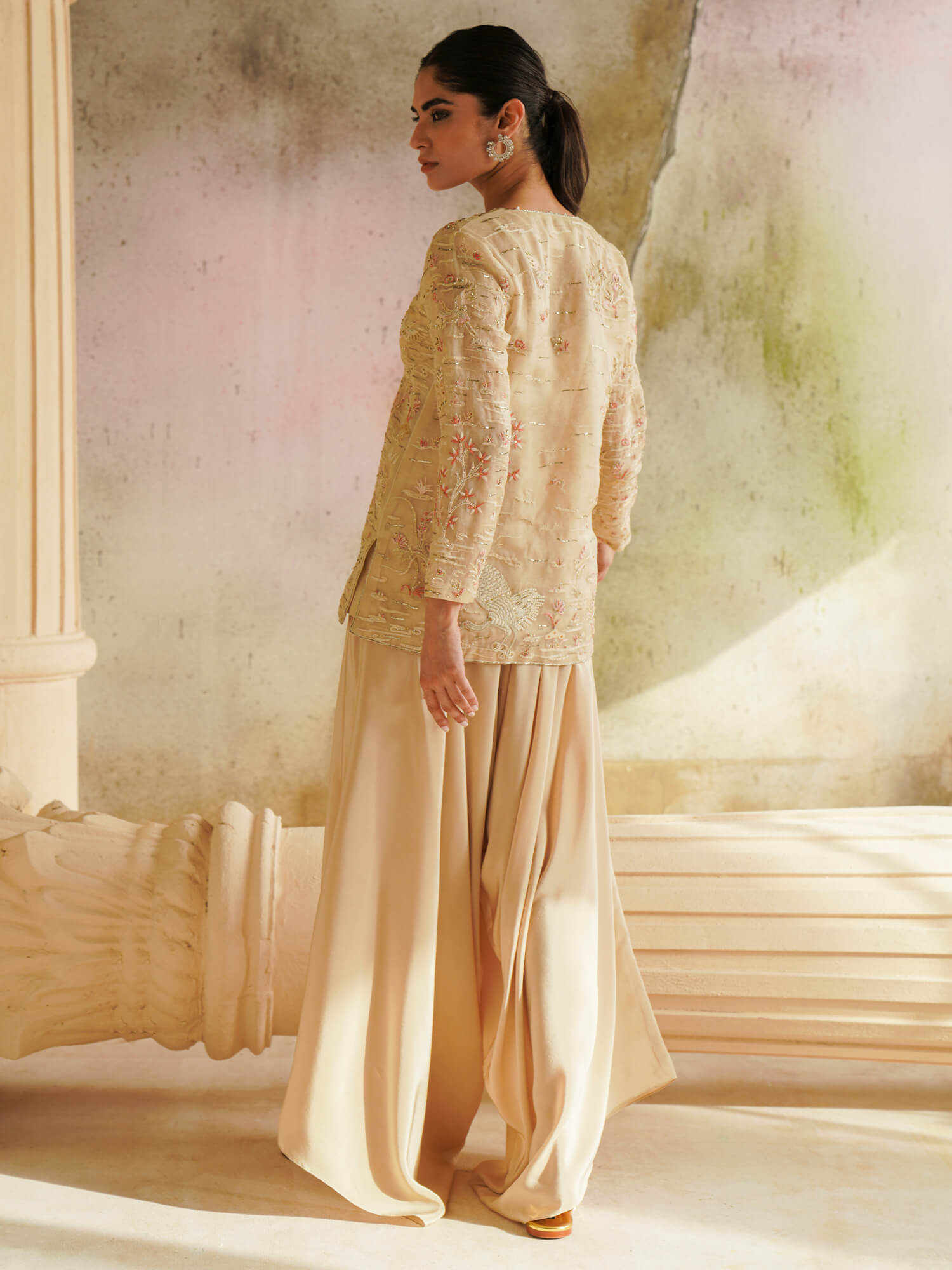 Sand Gara-Embroidered Organza Coat with Raw Silk Pants (2-Piece) - Image 4