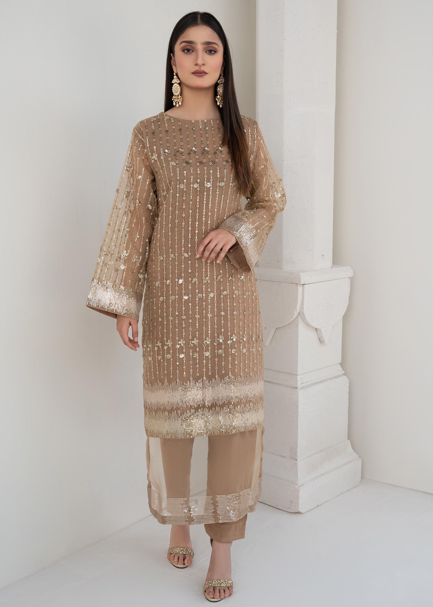 Pakistani Beige Sequin Embroidered Organza Salwar Kameez (2-Piece) - Image 1