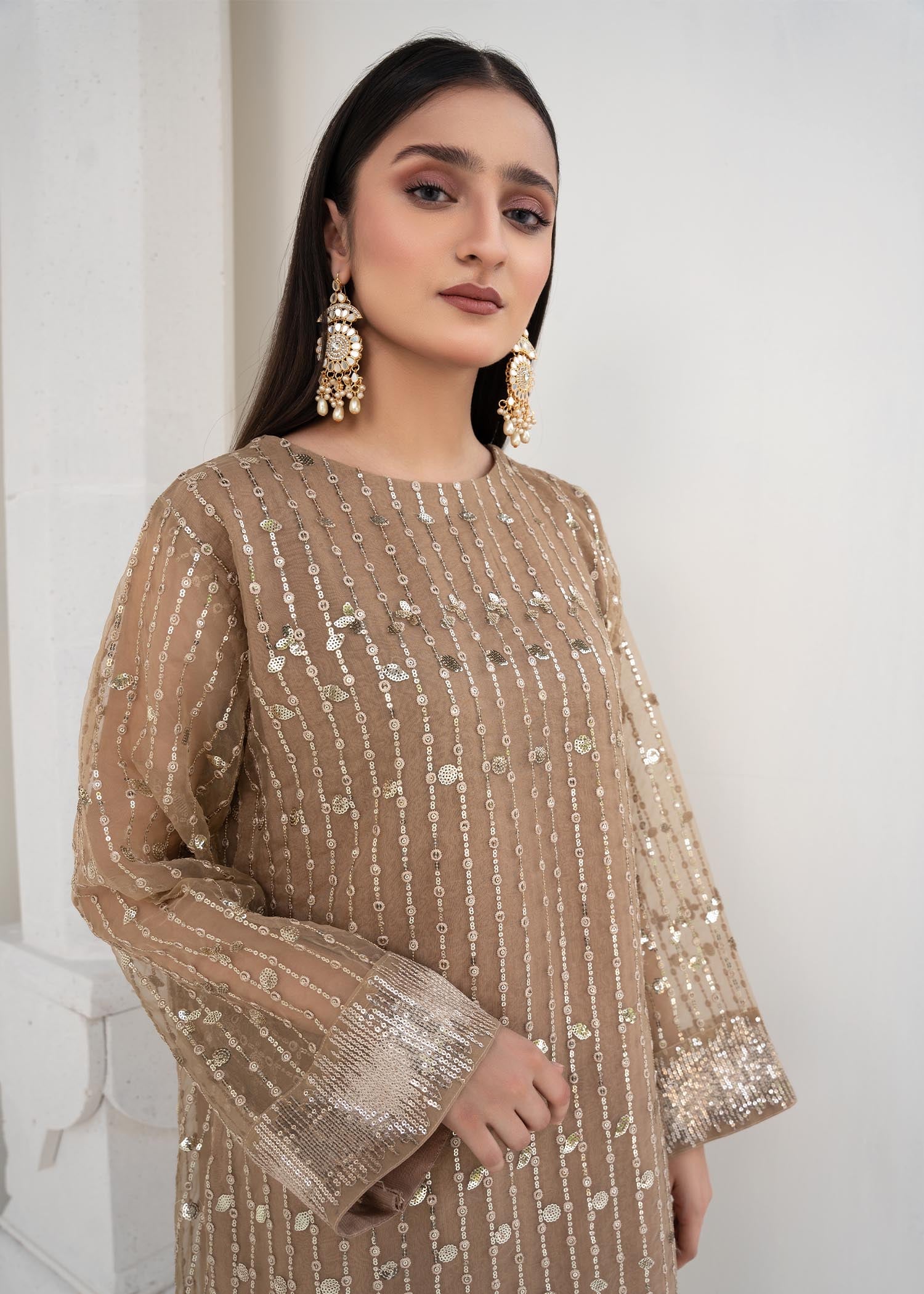 Pakistani Beige Sequin Embroidered Organza Salwar Kameez (2-Piece) - Image 2
