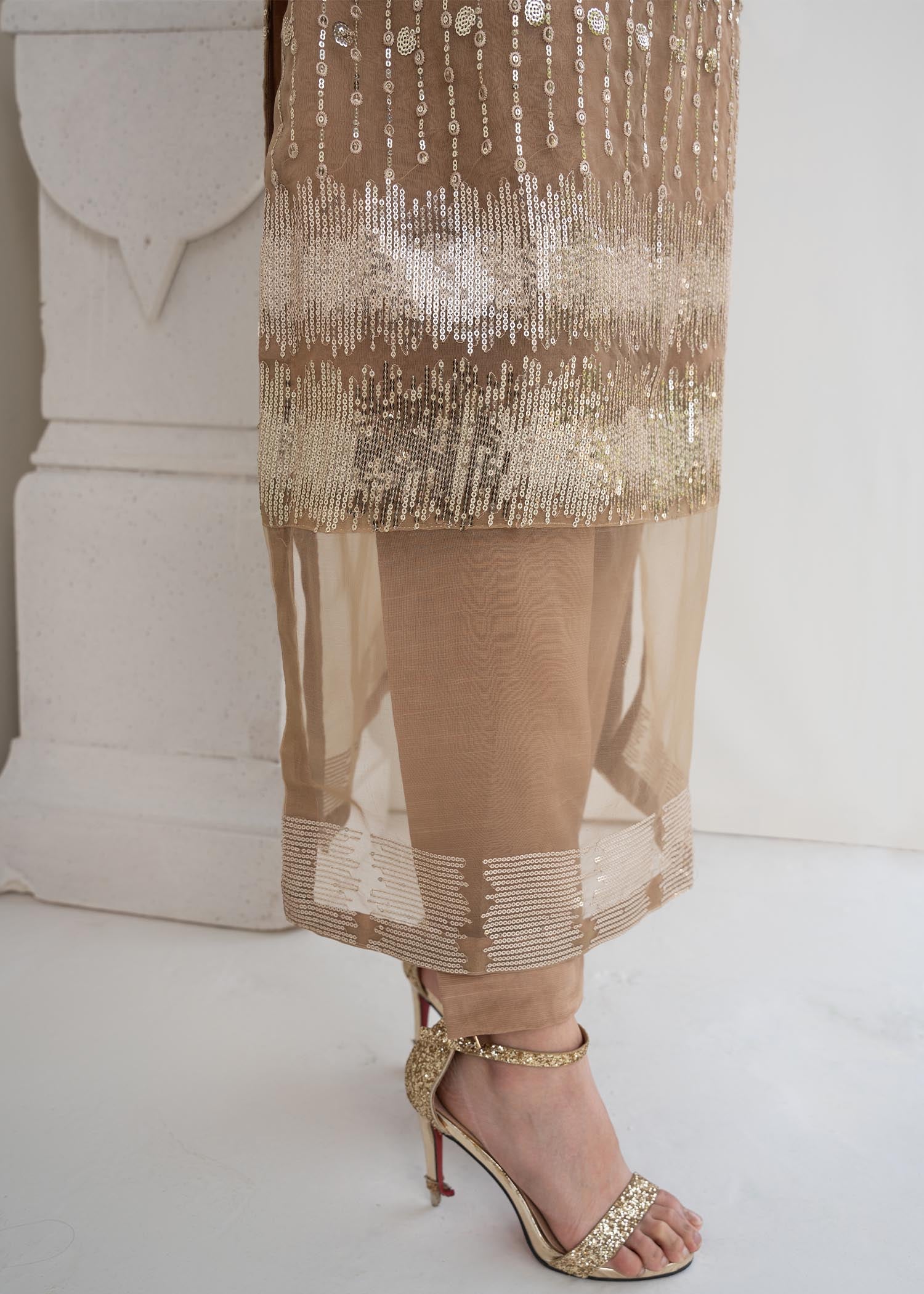 Pakistani Beige Sequin Embroidered Organza Salwar Kameez (2-Piece) - Image 3