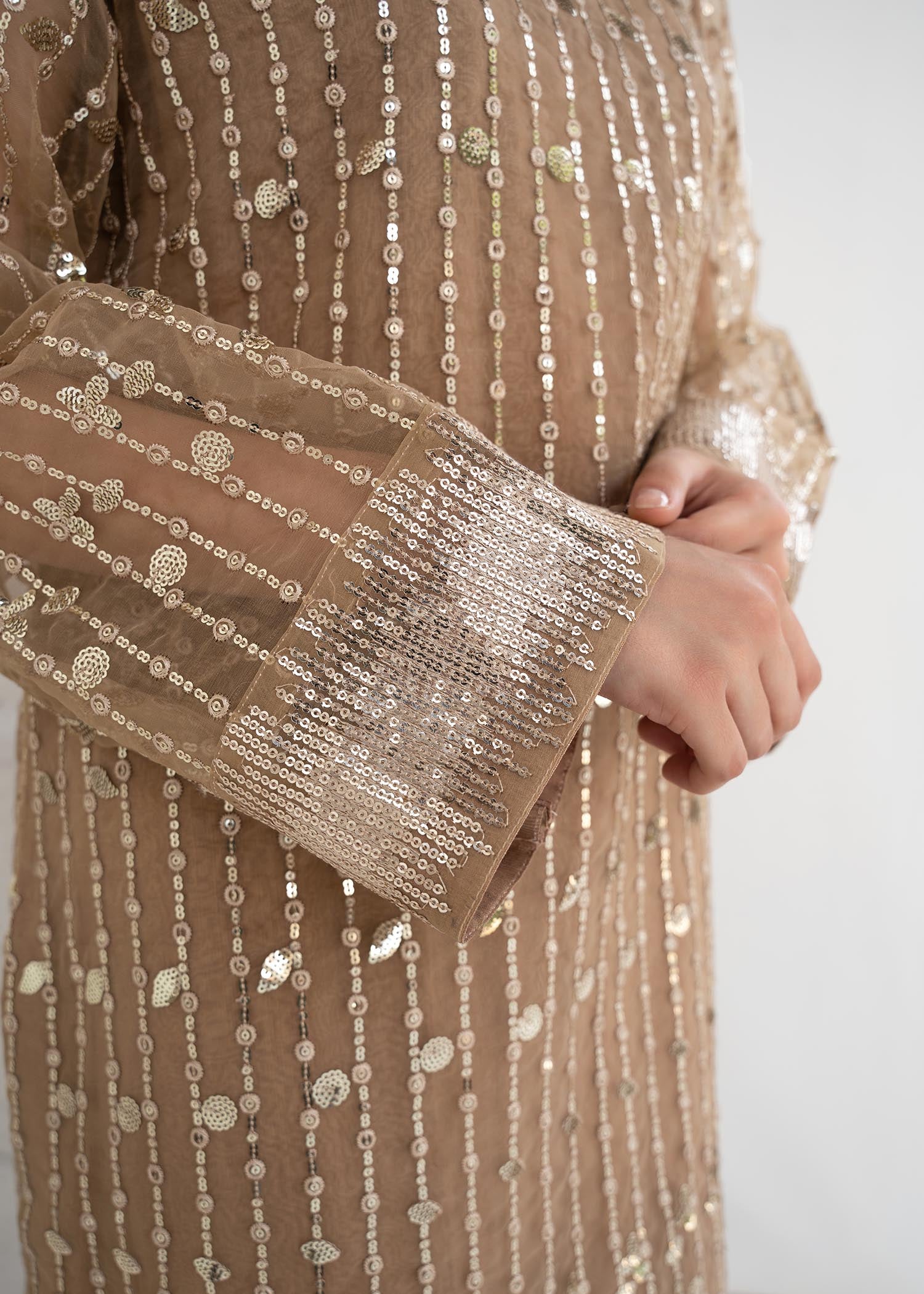 Pakistani Beige Sequin Embroidered Organza Salwar Kameez (2-Piece) - Image 4