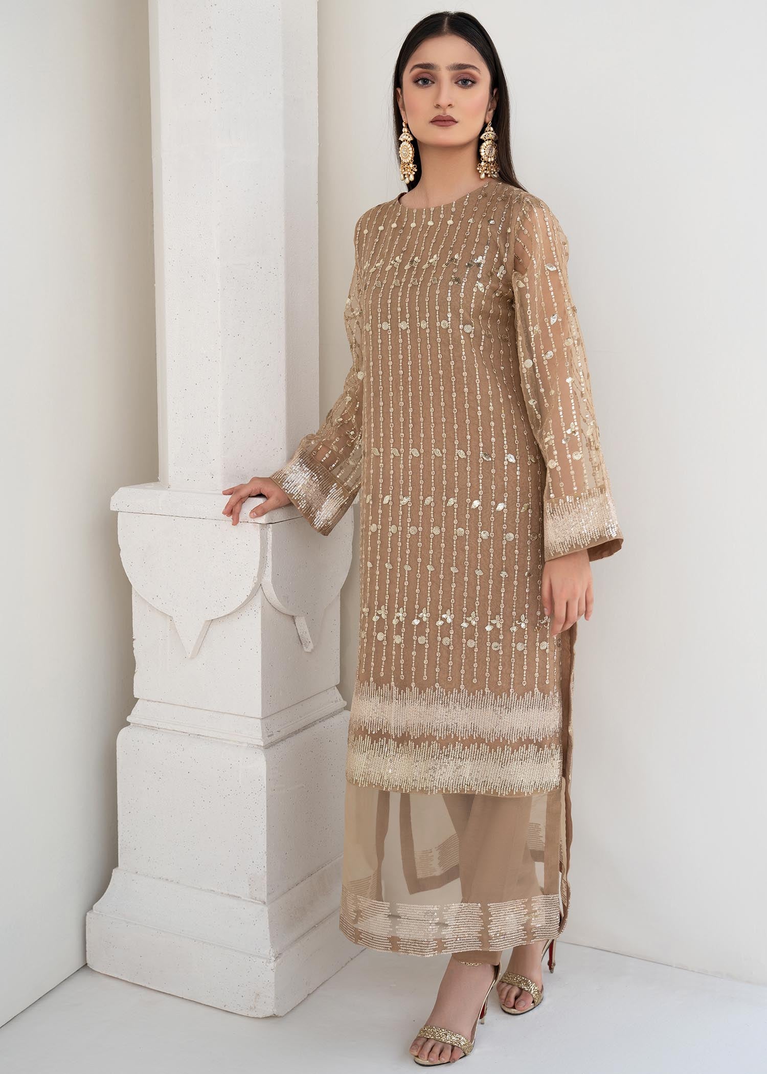 Pakistani Beige Sequin Embroidered Organza Salwar Kameez (2-Piece) - Image 6