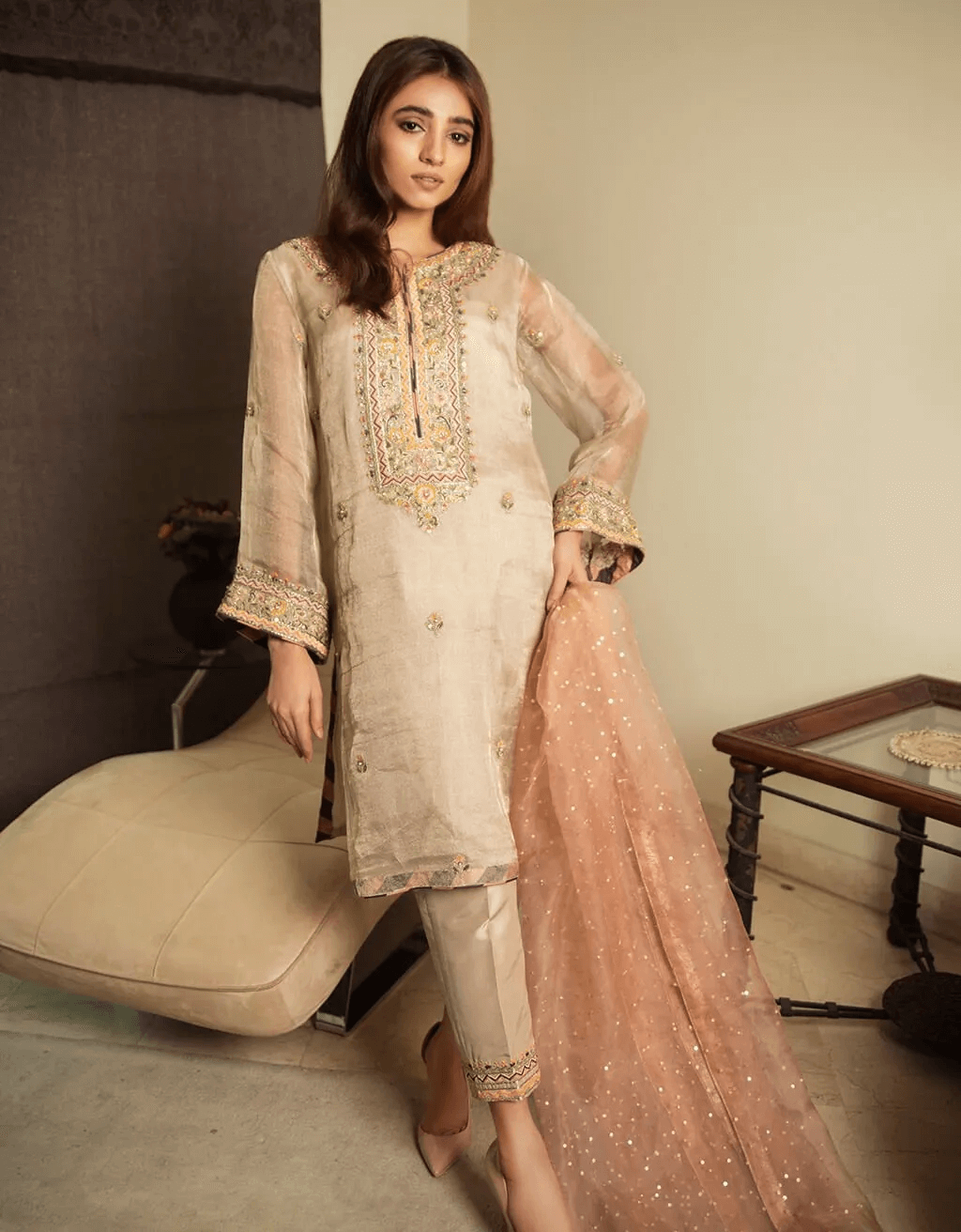 Pakistani Beige Embroidered Organza Raw Silk Salwar Kameez (3-Piece) - Image 1