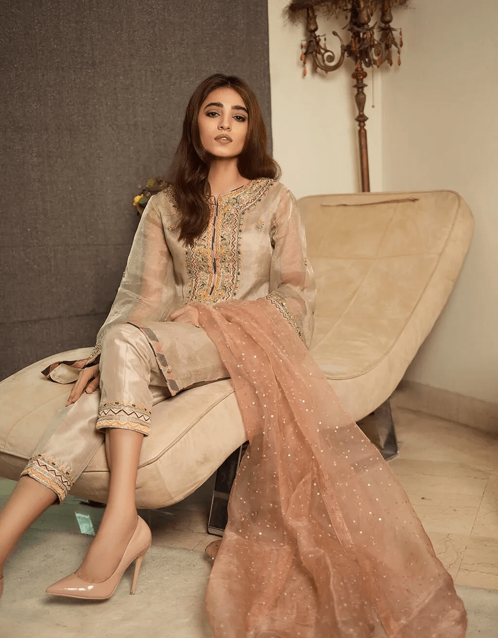 Pakistani Beige Embroidered Organza Raw Silk Salwar Kameez (3-Piece) - Image 3