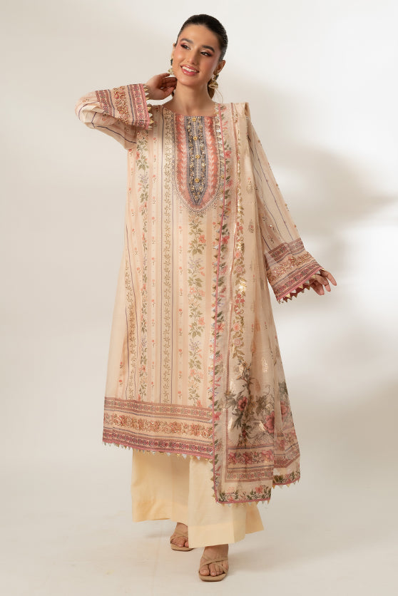 Beige Embroidered Paper Cotton Salwar Kameez (2-Piece) - Image 2