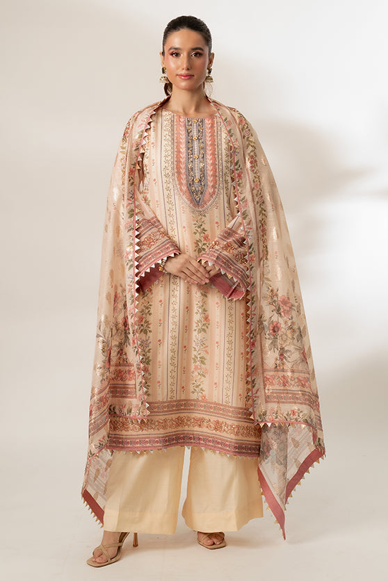 Beige Embroidered Paper Cotton Salwar Kameez (2-Piece) - Image 3