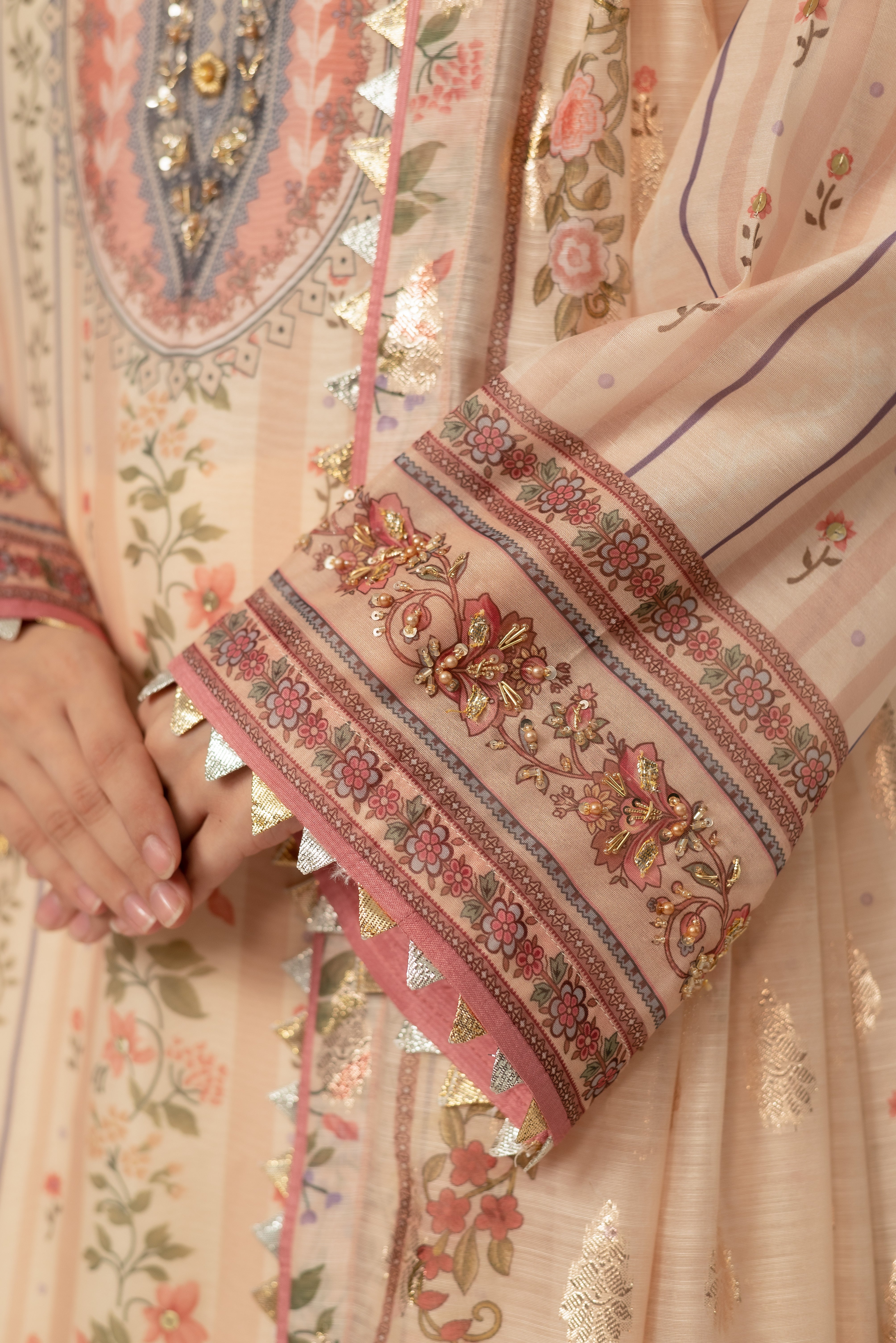 Beige Embroidered Paper Cotton Salwar Kameez (2-Piece) - Image 4