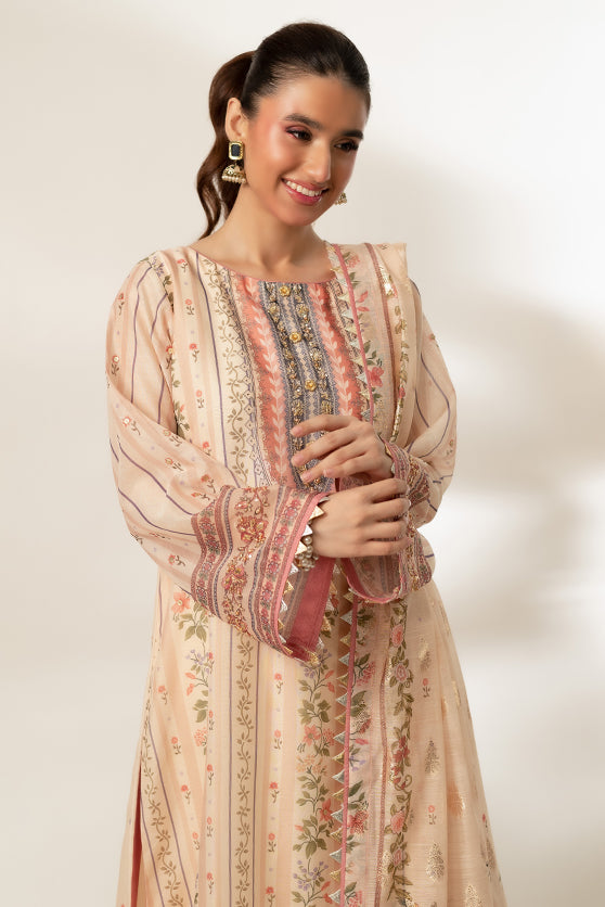 Beige Embroidered Paper Cotton Salwar Kameez (2-Piece) - Image 5