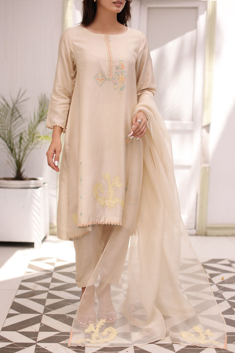 Pakistani Beige Embroidered Korean Raw Silk Salwar Kameez (3-Piece) - Image 1