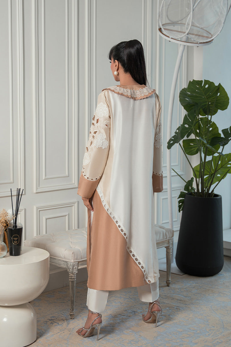 Beige & Ivory Cutwork Raw Silk Salwar Kameez (2-Piece) - Image 2