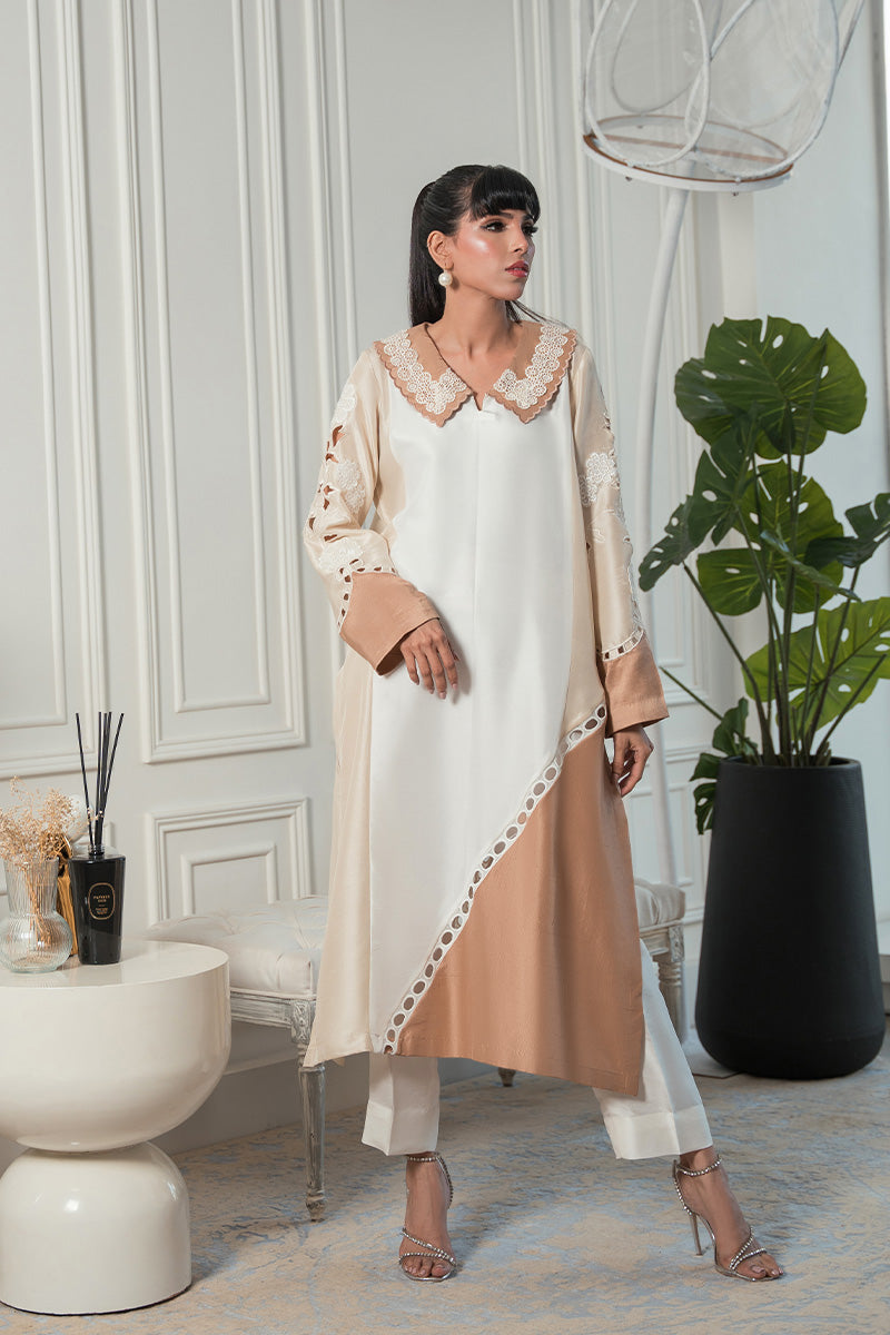 Beige & Ivory Cutwork Raw Silk Salwar Kameez (2-Piece) - Image 3