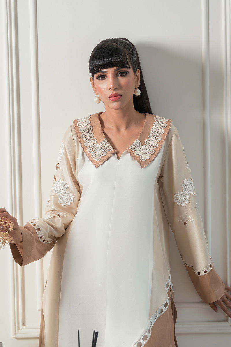 Beige & Ivory Cutwork Raw Silk Salwar Kameez (2-Piece) - Image 7