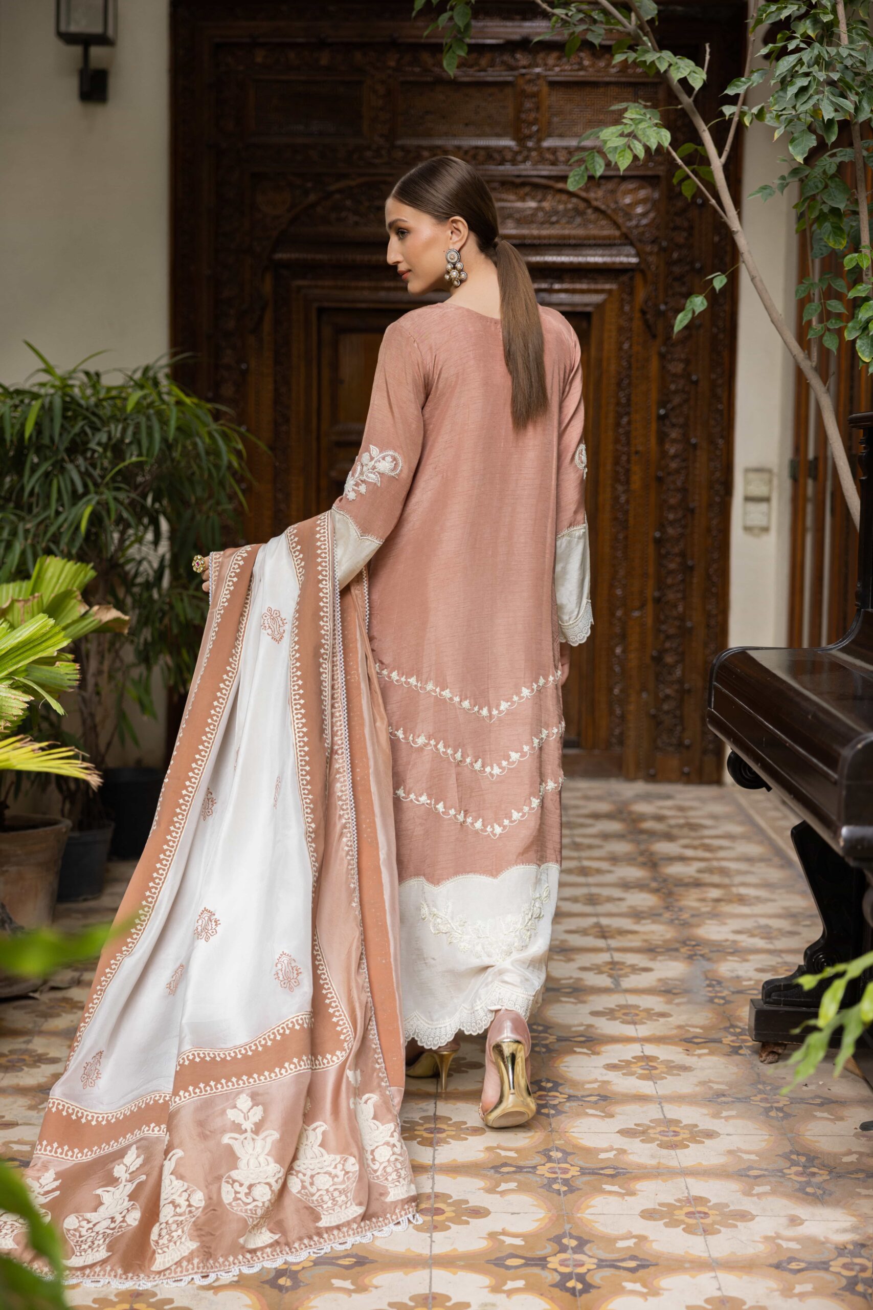 Pakistani Beige Embroidered Raw Silk Salwar Kameez (3-Piece) - Image 4