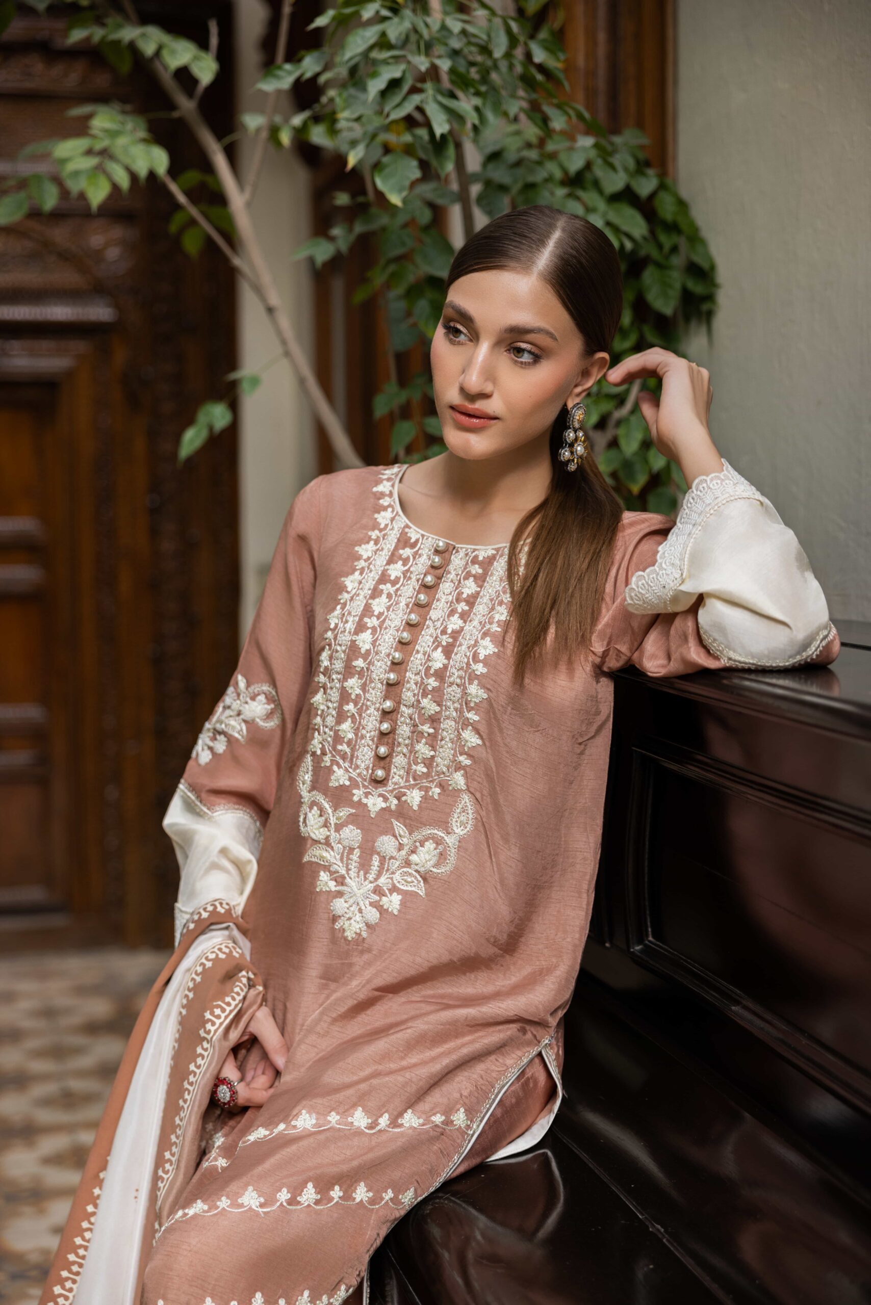 Pakistani Beige Embroidered Raw Silk Salwar Kameez (3-Piece) - Image 5