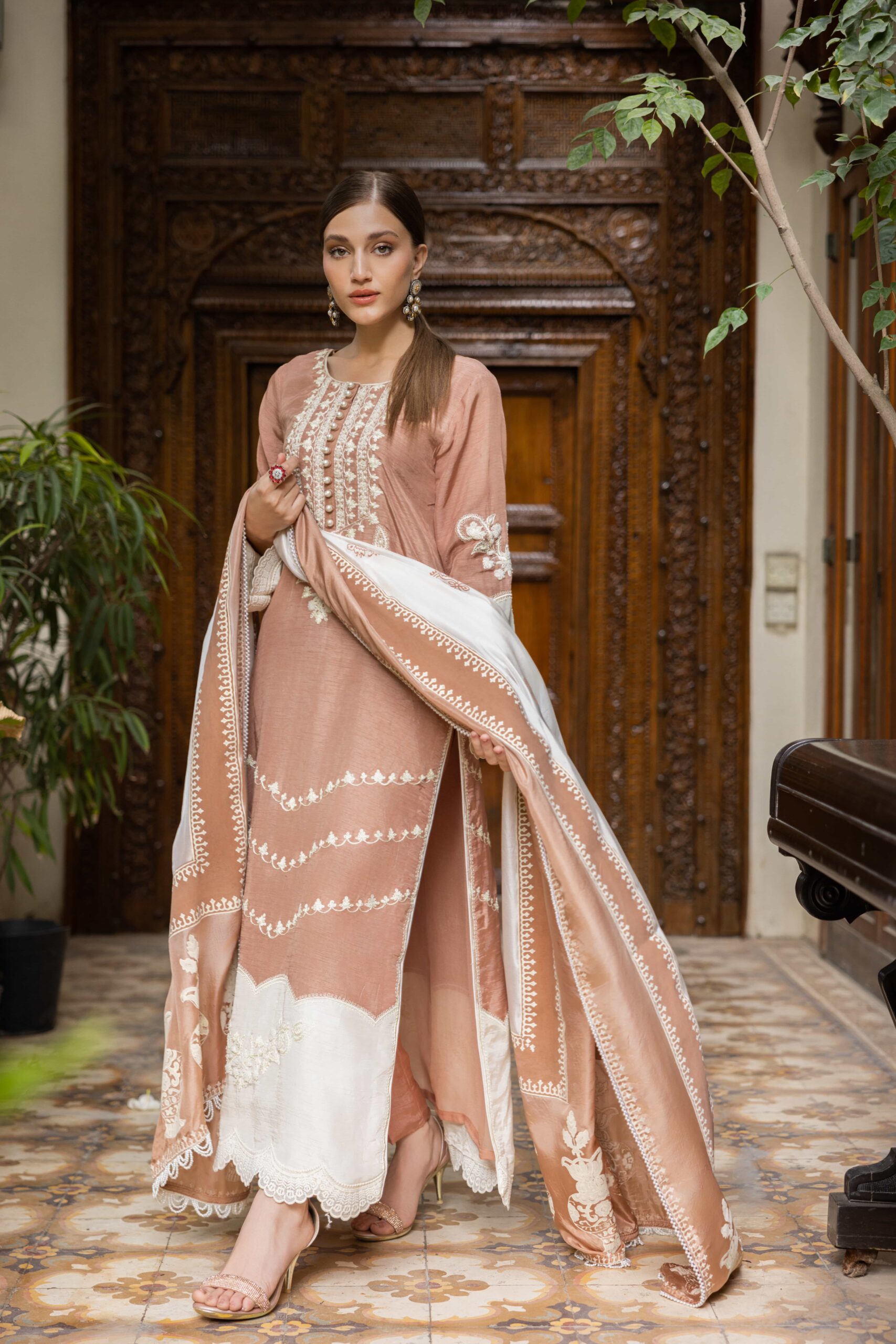 Pakistani Beige Embroidered Raw Silk Salwar Kameez (3-Piece) - Image 6