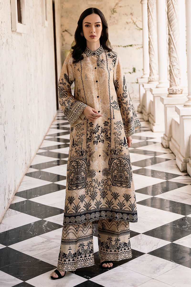 Pakistani Taupe Digital Print Raw Silk Salwar Kameez (2-Piece) - Image 1