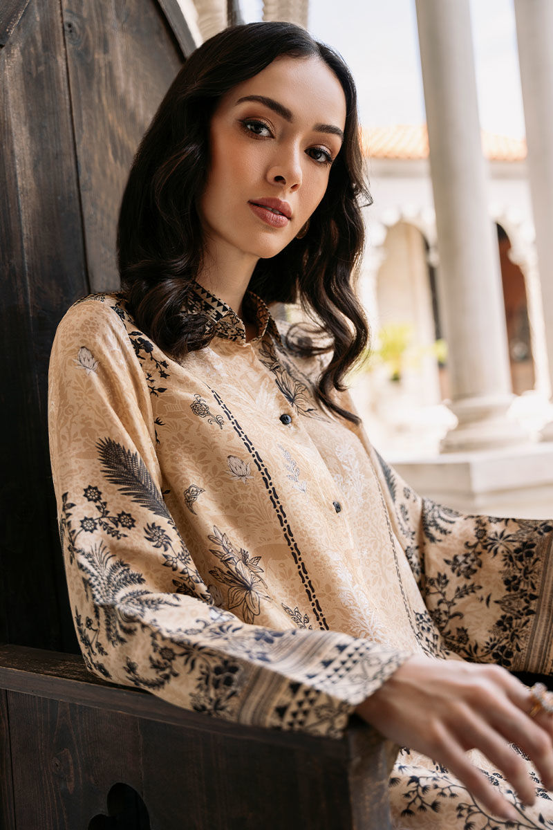 Pakistani Taupe Digital Print Raw Silk Salwar Kameez (2-Piece) - Image 2