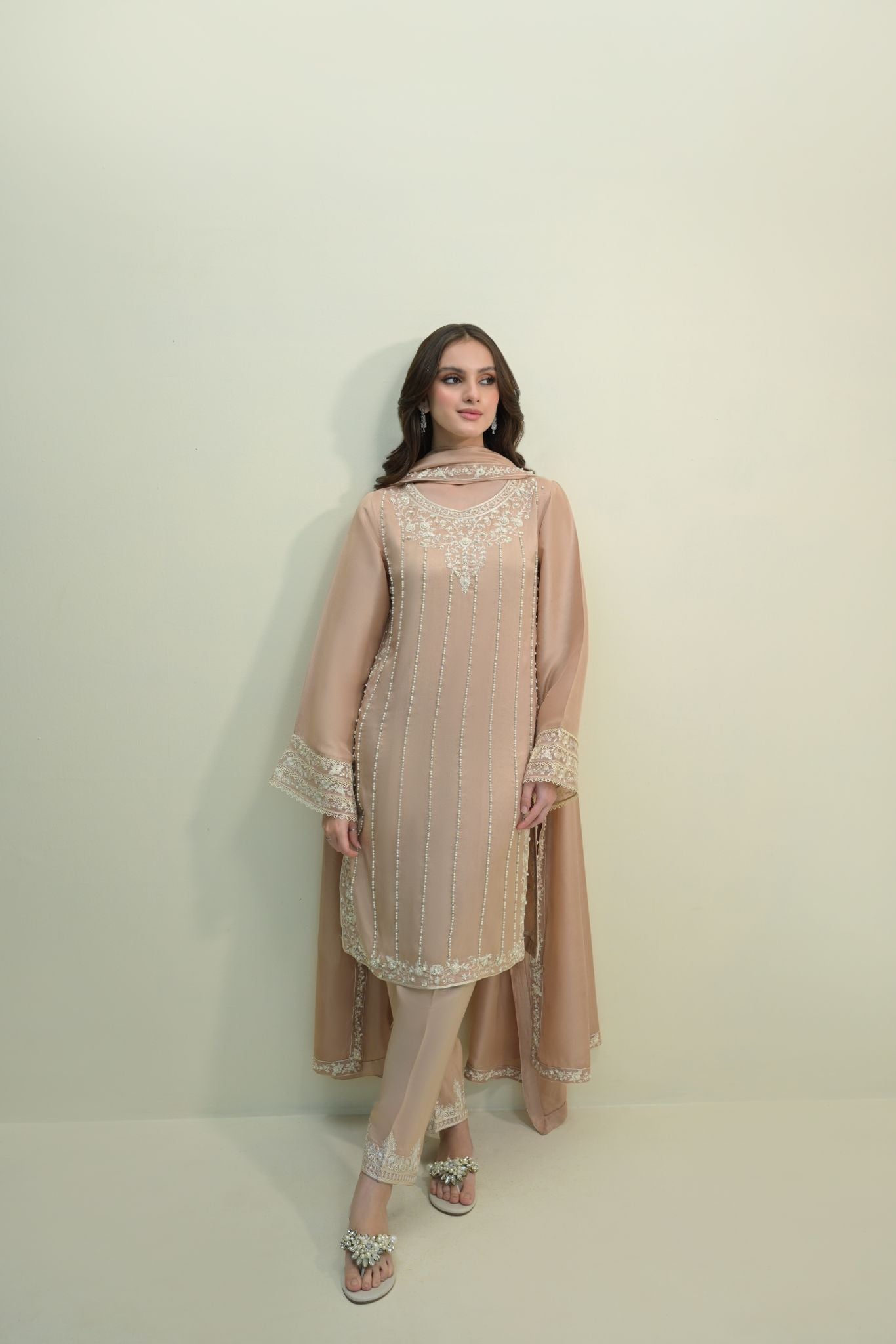 Nude Embroidered Raw Silk Salwar Kameez (3-Piece) - Image 1