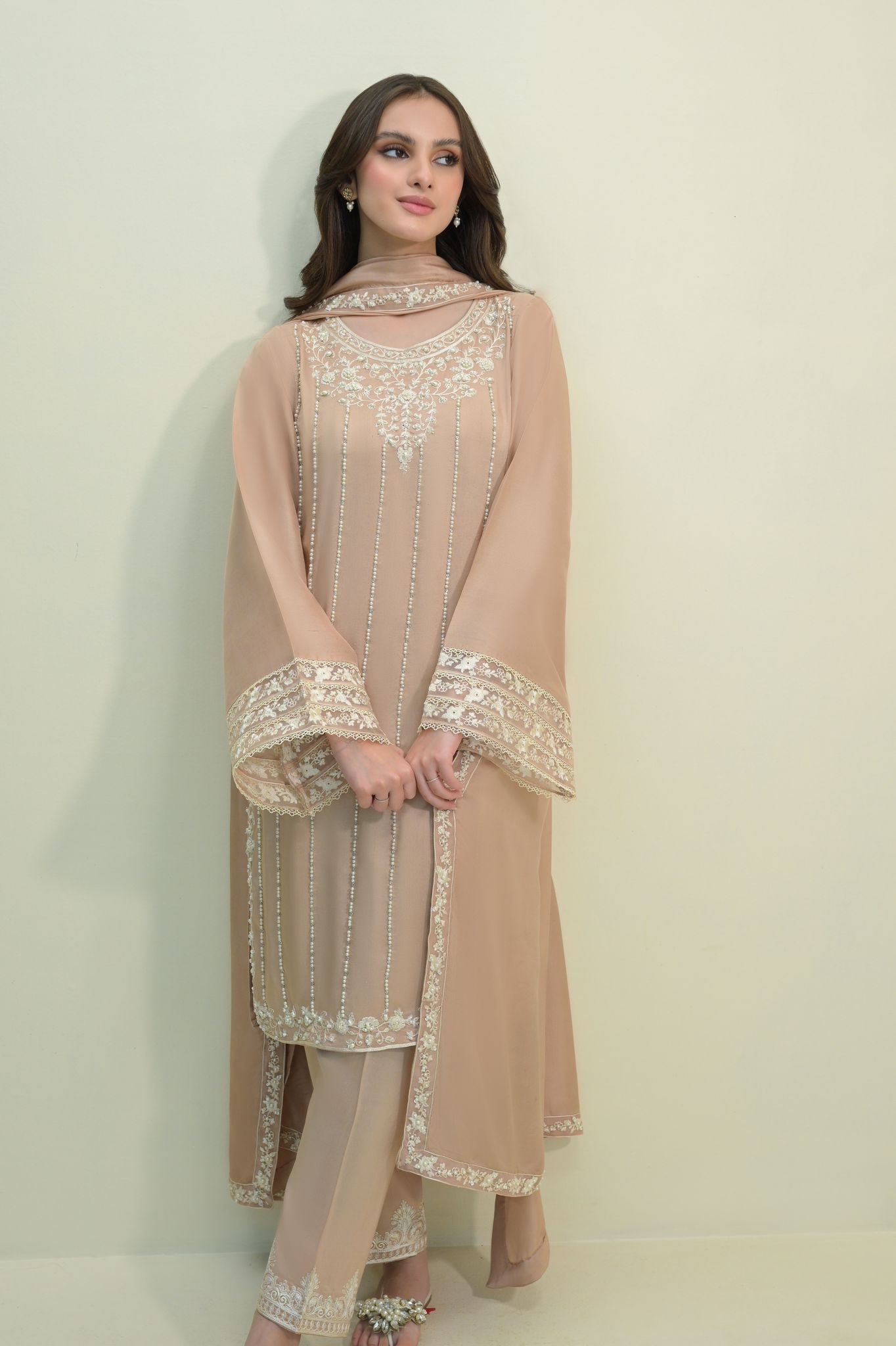 Nude Embroidered Raw Silk Salwar Kameez (3-Piece) - Image 2