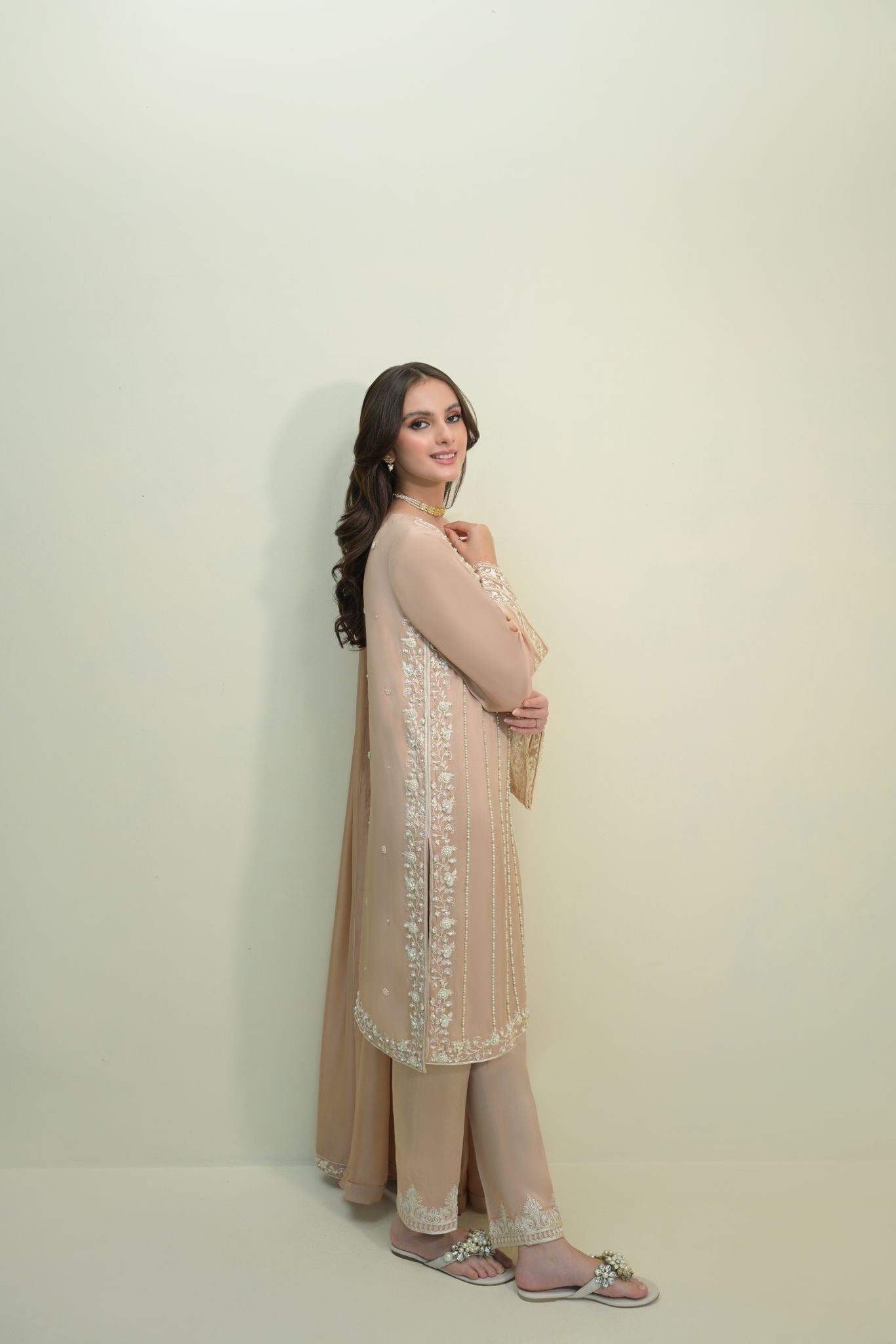 Nude Embroidered Raw Silk Salwar Kameez (3-Piece) - Image 3