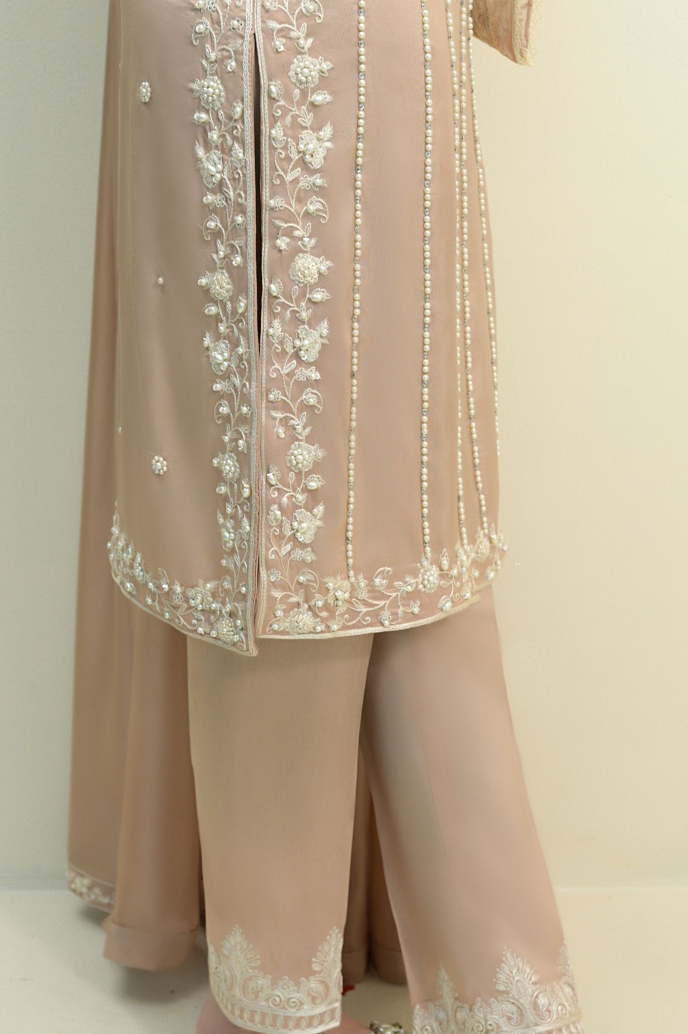 Nude Embroidered Raw Silk Salwar Kameez (3-Piece) - Image 5