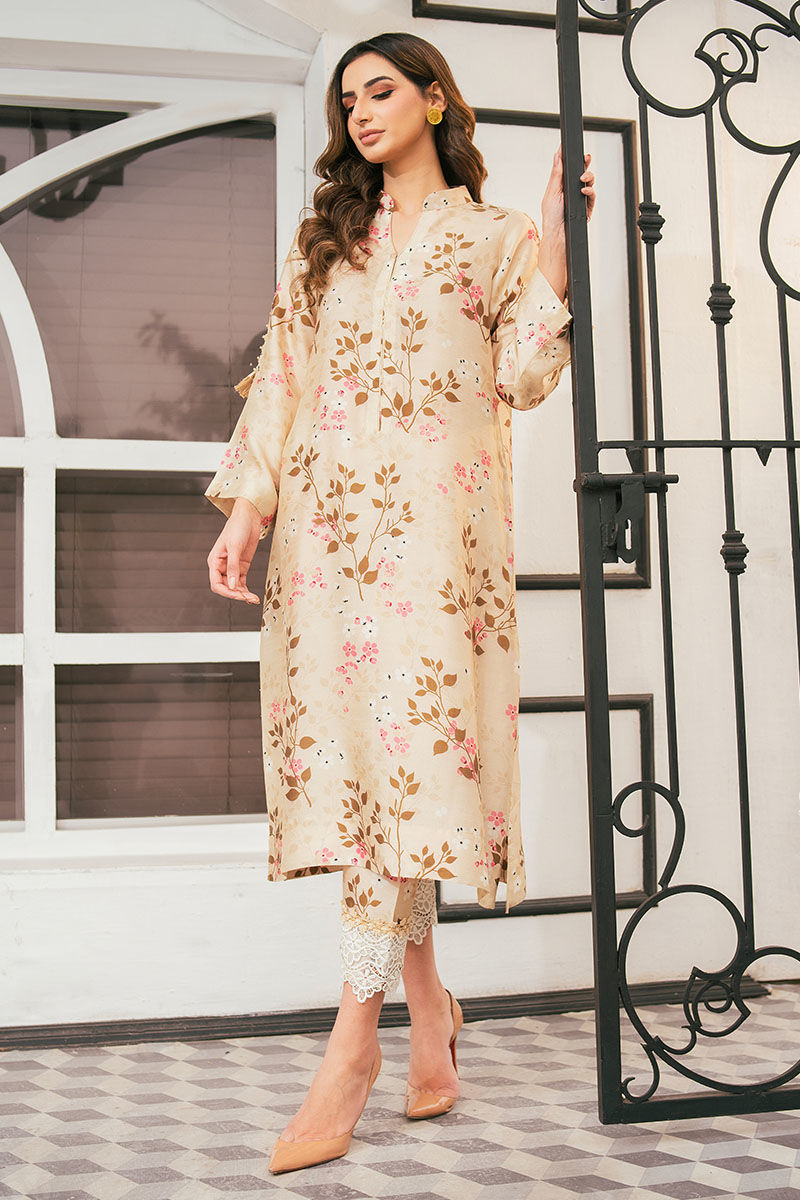 Beige Floral Printed Korean Raw Silk Salwar Kameez (2-Piece) - Image 1