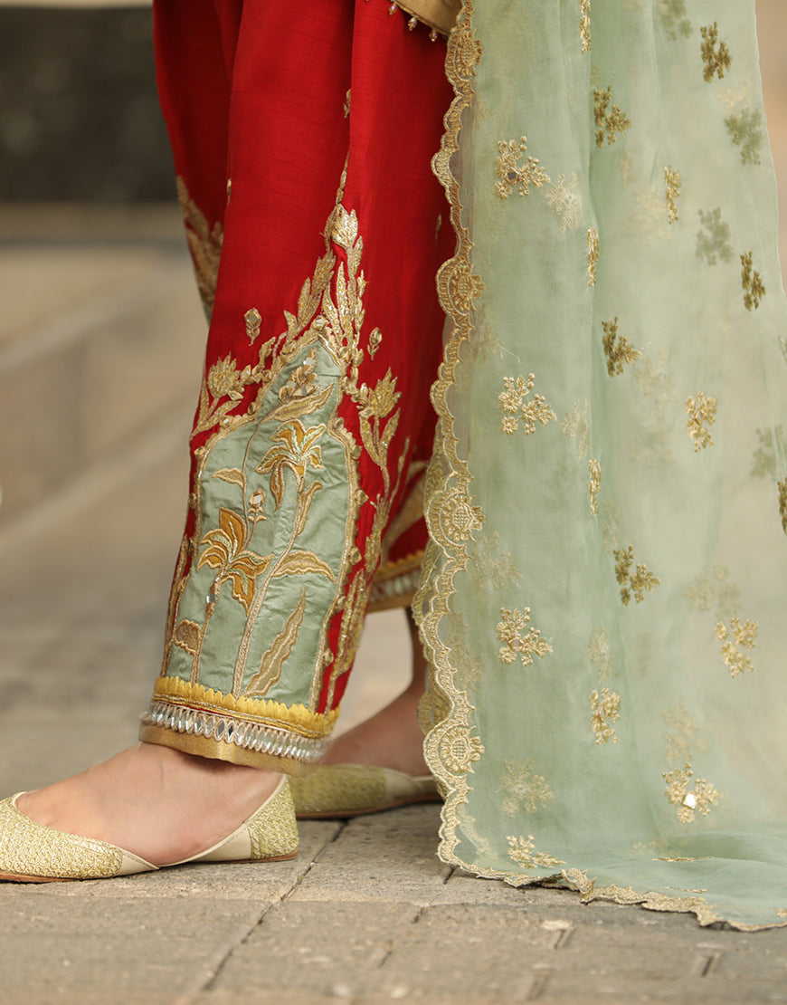 Pakistani Beige Embroidered Raw Silk Salwar Kameez (3-Piece) - Image 3