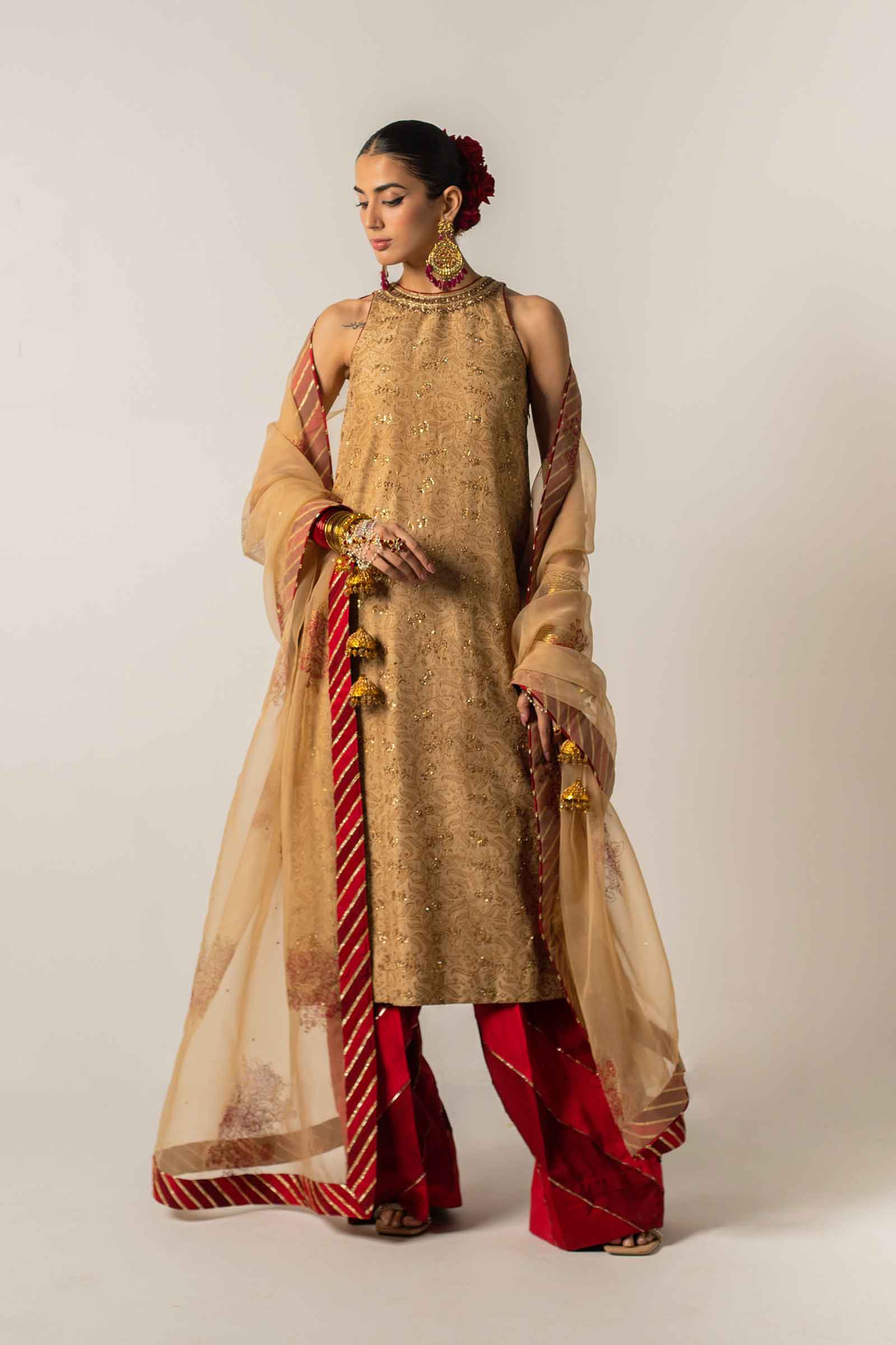Sand Beige Embroidered Raw Silk Salwar Kameez (3-Piece) - Image 1