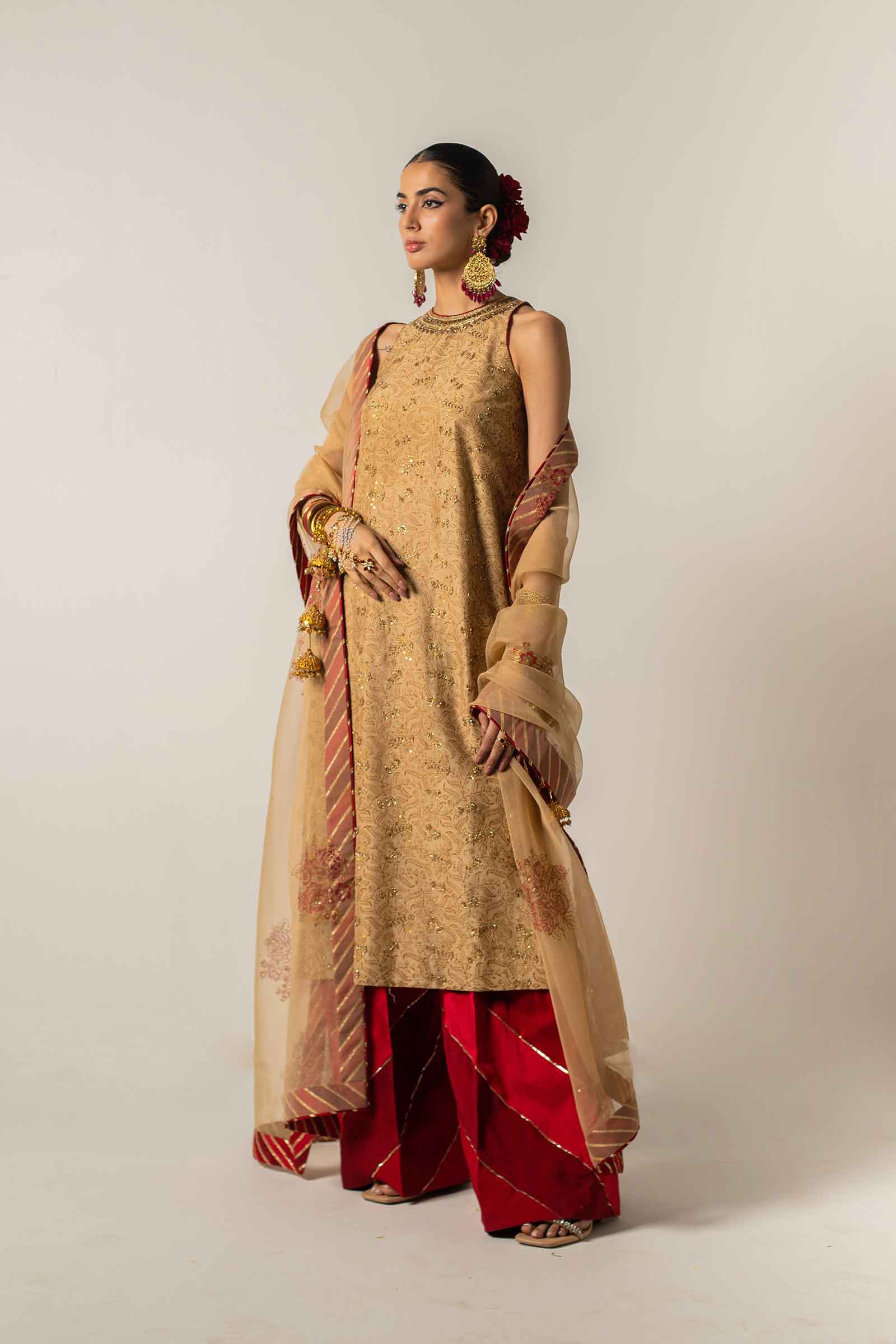 Sand Beige Embroidered Raw Silk Salwar Kameez (3-Piece) - Image 3
